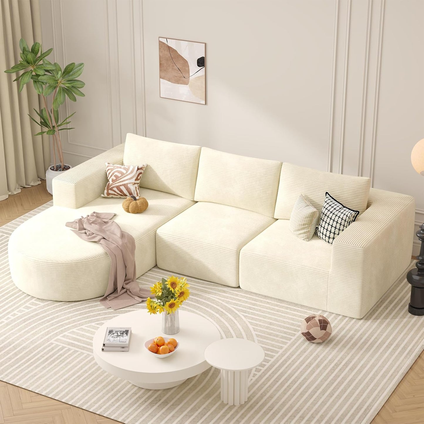 Modular Sectional Sofa with L-Shape Chaise,Cloud Sectional Modern Sleeper Couch with Deep Seat,Sponge Compression Sofas No Assembly Required (Beige-Corduroy Fabric) 1 PCS
