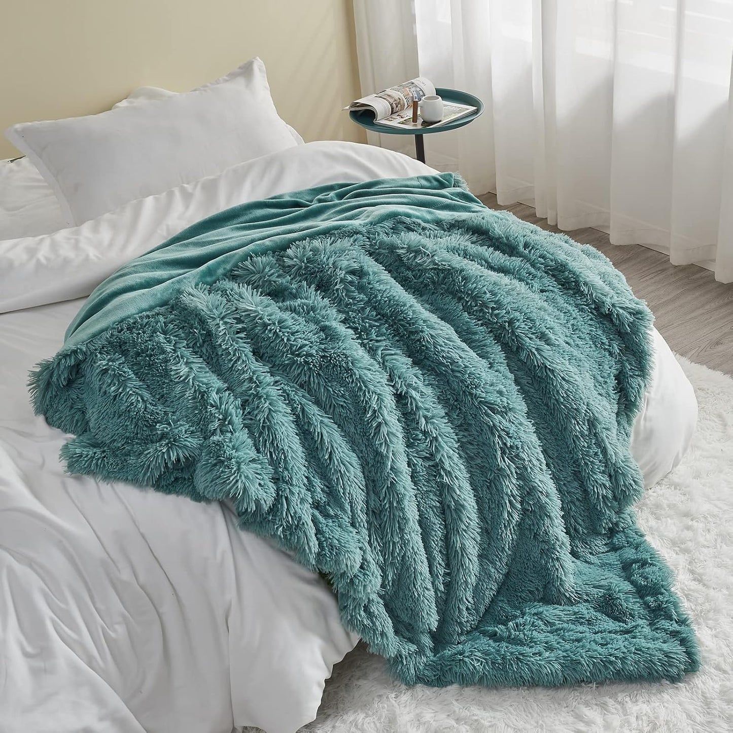 GONAAP Fuzzy Faux Fur Throw Blanket Queen Size Light Teal Super Soft Cozy Plush Fuzzy Shaggy Blanket for Couch Sofa Bed (Light Teal, Queen(90"x90"))