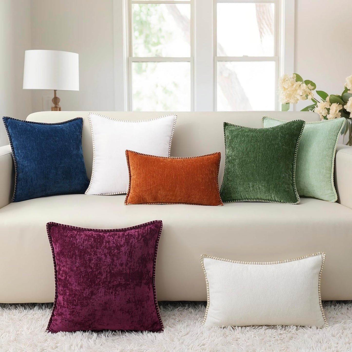 decorUhome Chenille Soft Throw Pillow Covers 16x16 Set of 2, Farmhouse Velvet Neutral Decorative Euro Pillow Covers with Stitched Edge for Couch Sofa Bed Home Decor, Rhododendron