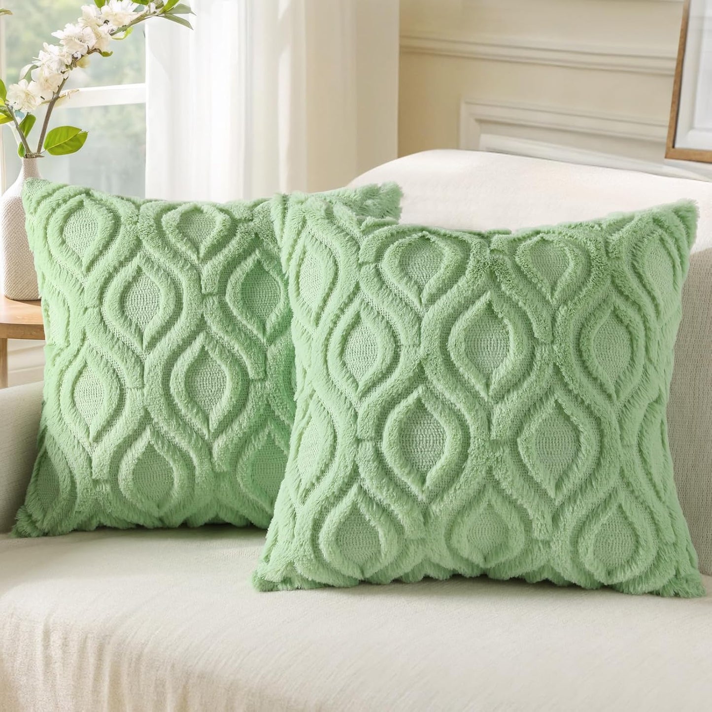decorUhome Throw Pillow Covers 26x26 Inch Set of 2, Soft Plush Decorative Faux Fur Sage Green Solid Couch Pillow Covers, Accent Farmhouse Neutral Square Euro Pillow Cases for Sofa Bed Living Room