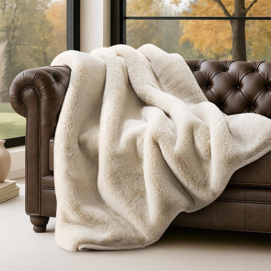 Luxury Soft Faux Chinchilla Fur Throw Blanket for Couch, Warm Thick Heavy Winter Throw Blanket 1220GSM for Bed, Fluffy Cozy Mink Blanket with Reversible Velvet, Birch Mink, 50"x60"