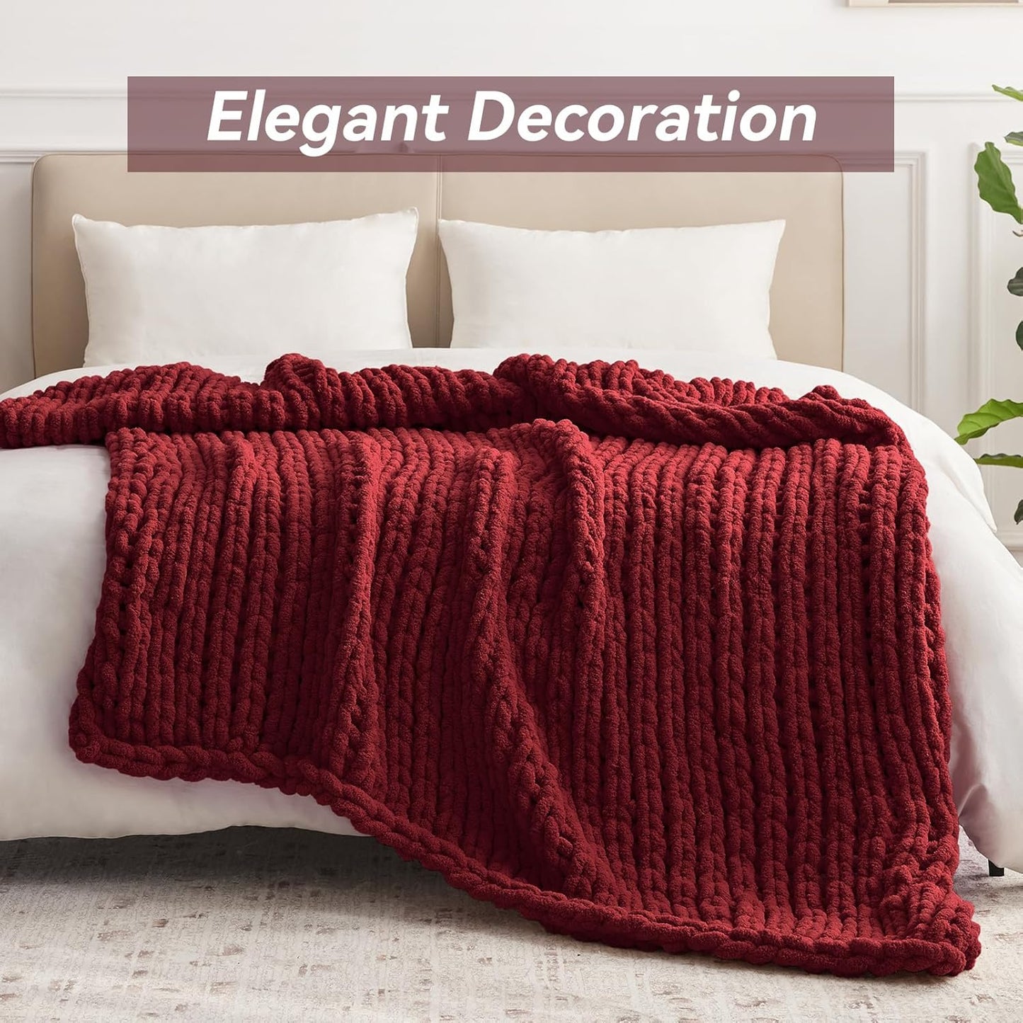 Chunky Knit Throw Blanket, 50''*60'' Knitted Throw Chenille Yarn for Bed Couch, Handmade Red Crochet Big Thick Blanket, Machine Washable Cute Comfy Blanket for Home Decor