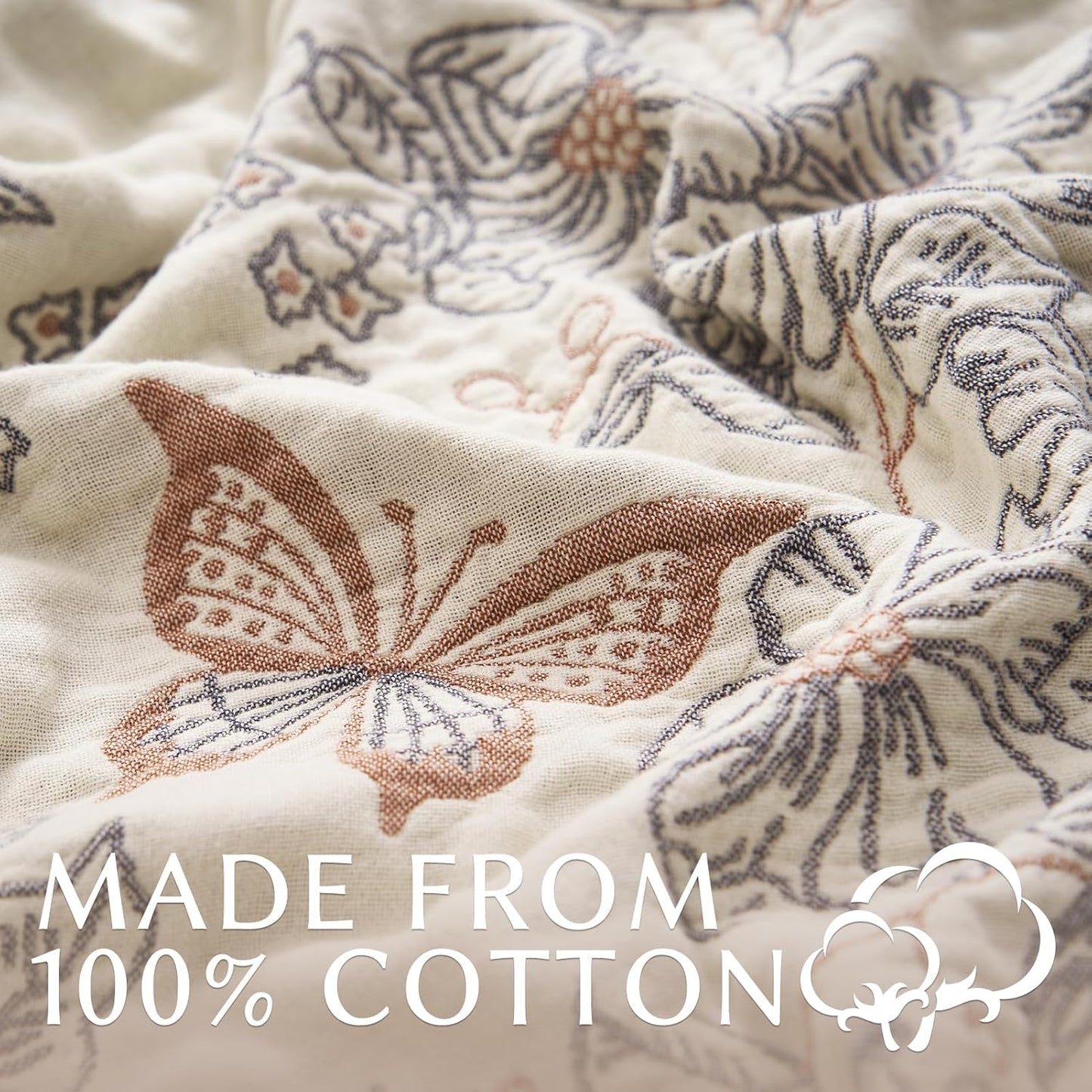 JINCHAN Boho Floral 100% Cotton Blanket 4-Layer Throw Blanket with Tassel Taupe and White Flower Butterfly Soft Luxury Rustic Farmhouse Decor Blanket for Couch Bed 60x80 inch All Season gift for women