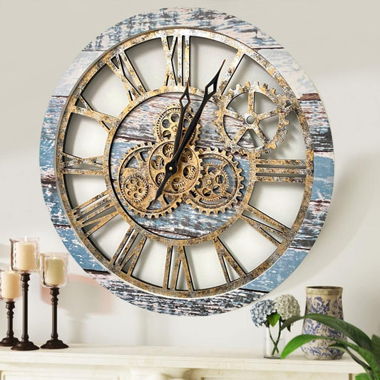 The Original Real Moving Gear Wall Clock Vintage Industrial Oversized Rustic Farmhouse (24 inch (60cm), Vintage Aqua Green and Bronze)