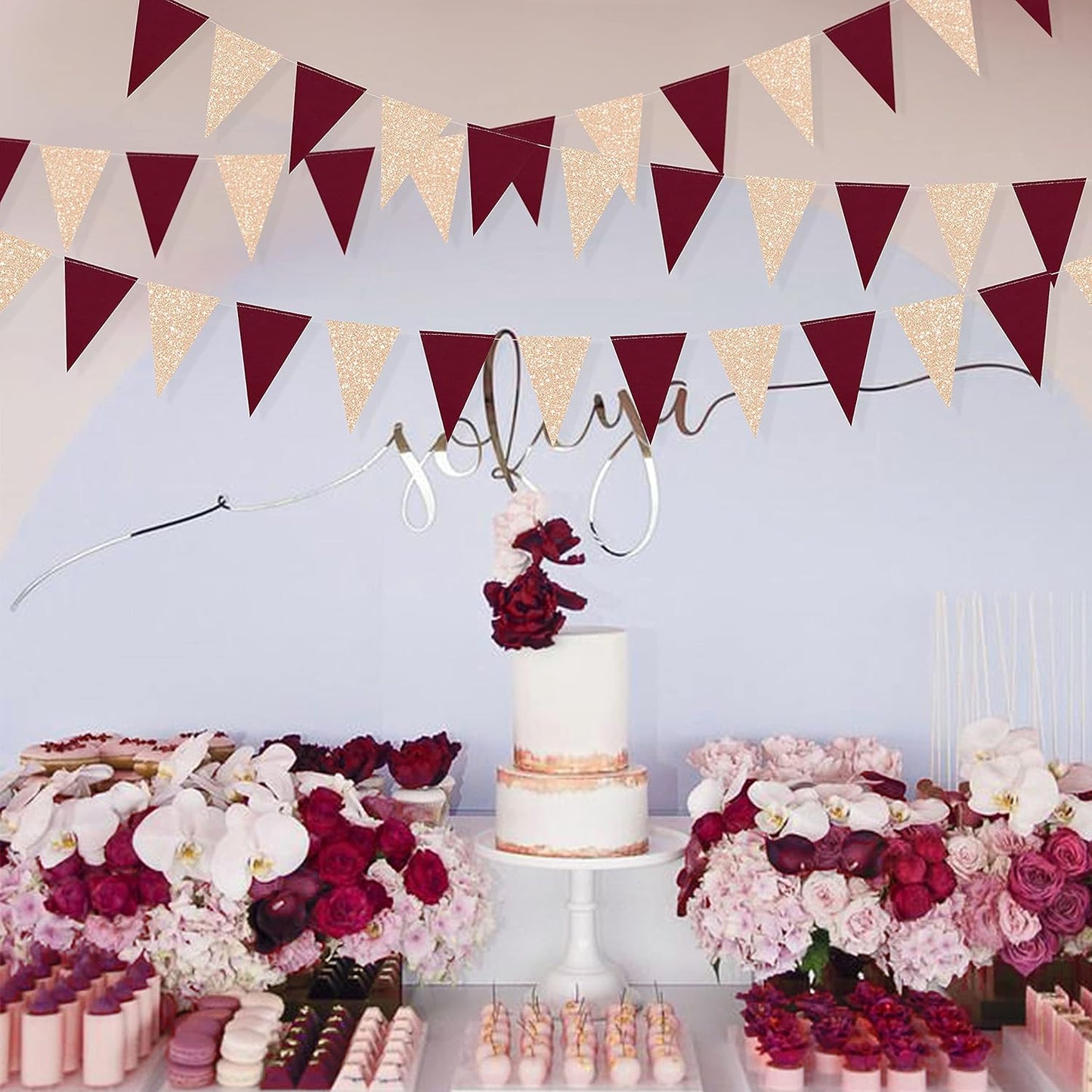 Burgundy Party Decorations Maroon Champagne Gold Triangle Banner Flag Bunting Pennant for Birthday Engagement Wedding Bridal Shower Baby Shower Anniversary Bachelorette Hen Party Decorations Supplies
