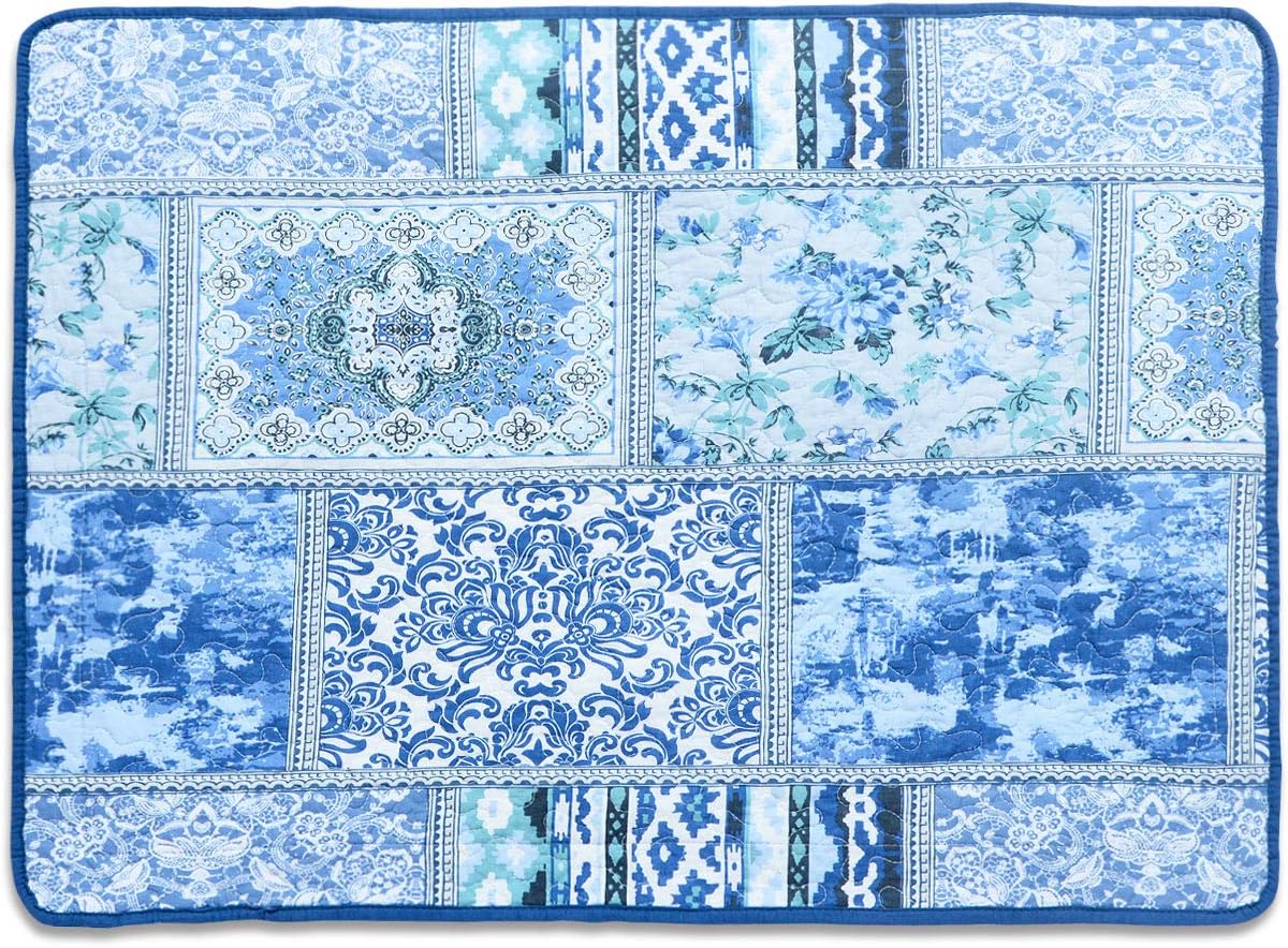 NEWLAKE Quilted Cotton Bed Pillowcases,Blue Classic Bohemian Pattern, 2 Pieces, 20x36 Inch