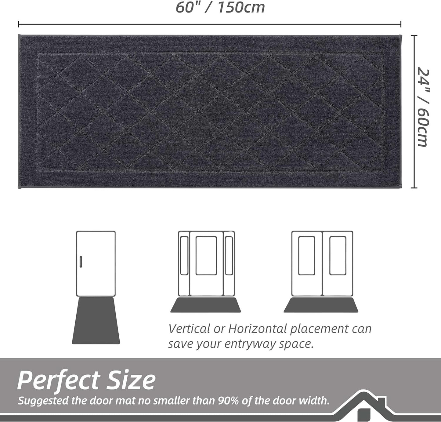 BEQHAUSE Dirt Trapper Door Mat 24" x 60", Doormat Non-Slip Entryway Rugs Washable, Dog Door Mat Stain Resistant and Absorbent Welcome Floor Mat for Front Back Door, Muddy Wet Shoes & Paws, Dark Grey