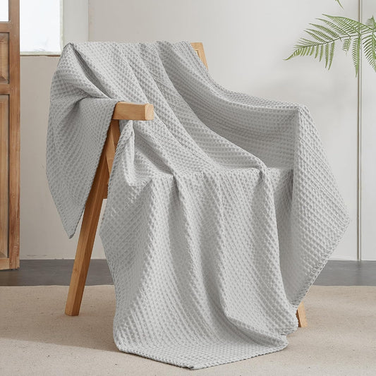 PHF Ultra Soft Waffle Weave Throw Blanket 50"x 60"- Washed Lightweight Breathable Cozy Woven Blanket for Bed - Aesthetic Decor for Couch Bedding Sofa Home Car - Light Grey