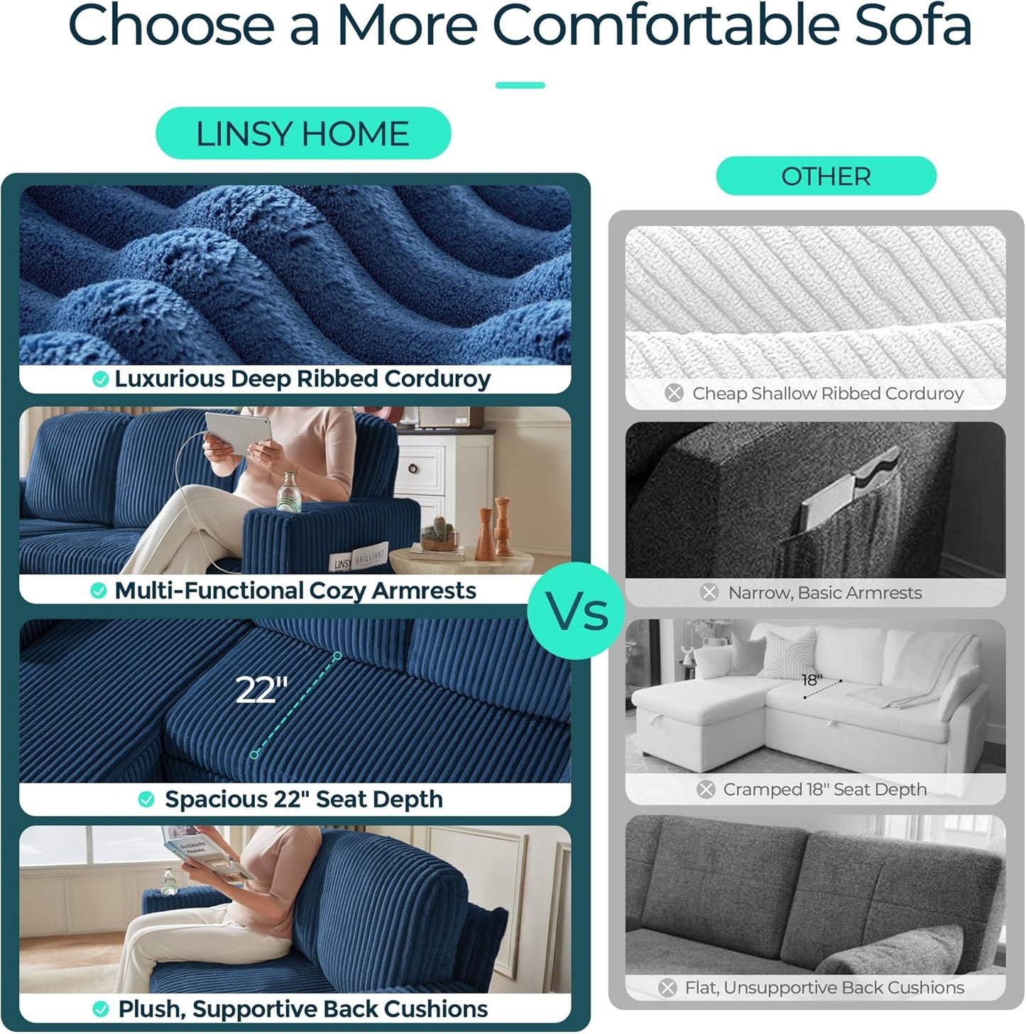 LINSY HOME Sectional Sleeper Sofa with Pull Out Couch Bed - Convertible Plush Corduroy Cloud Couch with Storage Chaise & USB Charging, Comfy Modular Couches for Living Room, Blue