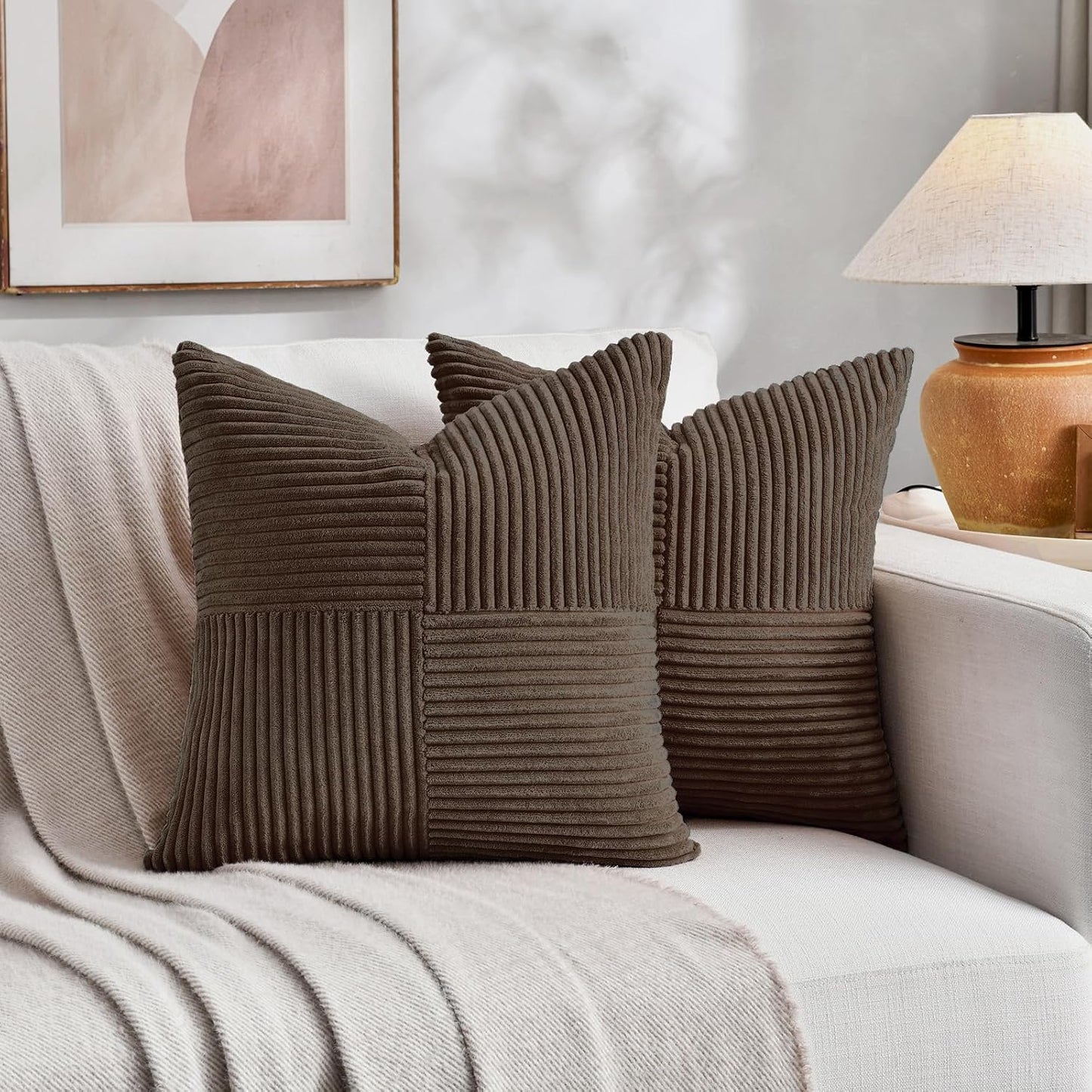 Fancy Homi 2 Packs Dark Brown Euro Decorative Throw Pillow Covers 28x28 Inch for Couch Bed, Rustic Farmhouse Boho Home Decor, Soft Corss Corduroy Patchwork Textured Square Cushion Case 71x71 cm
