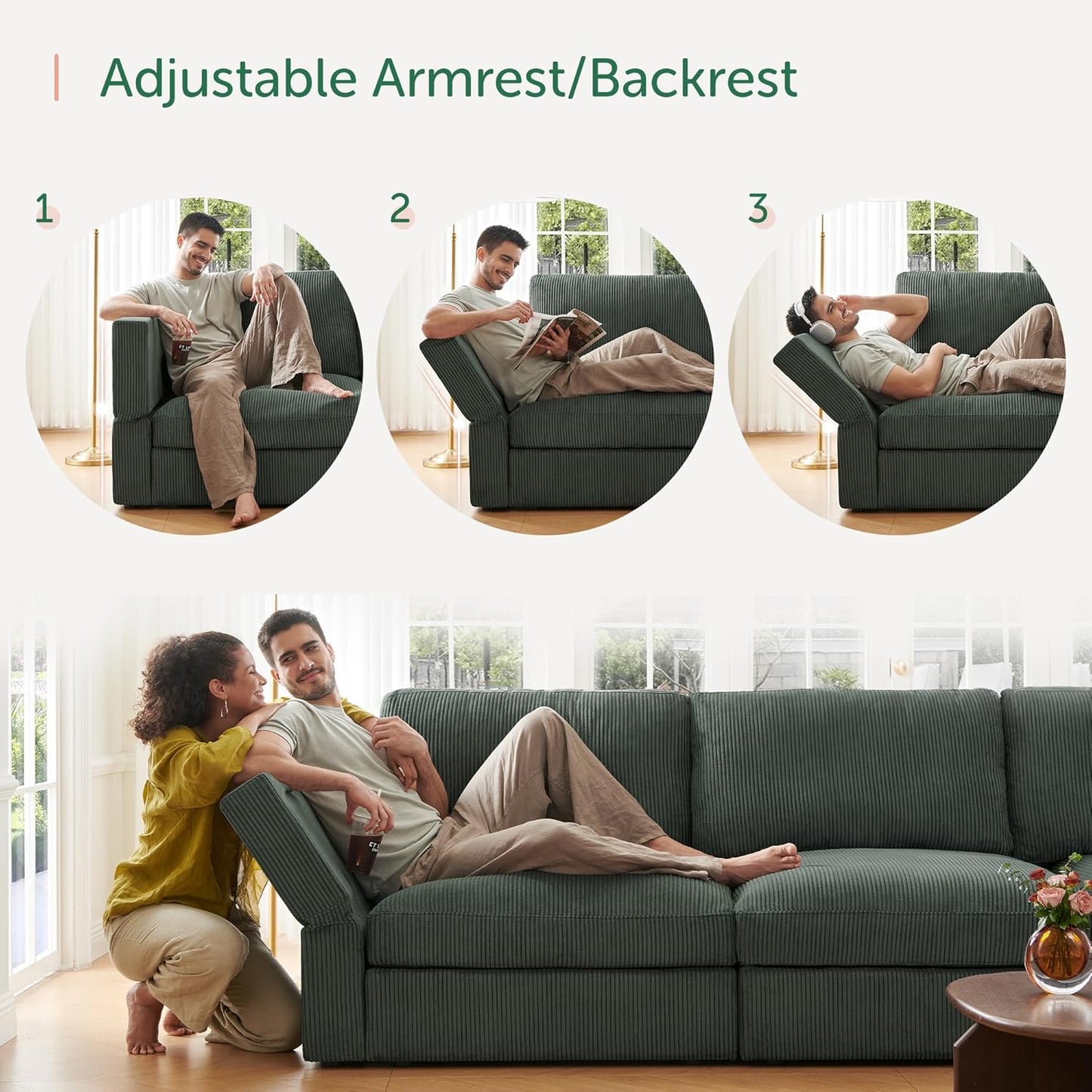HONBAY Modular Sectional Couches with Storage Corduroy Sleeper Sofa Modular Sectional Couches for Living Room,Green