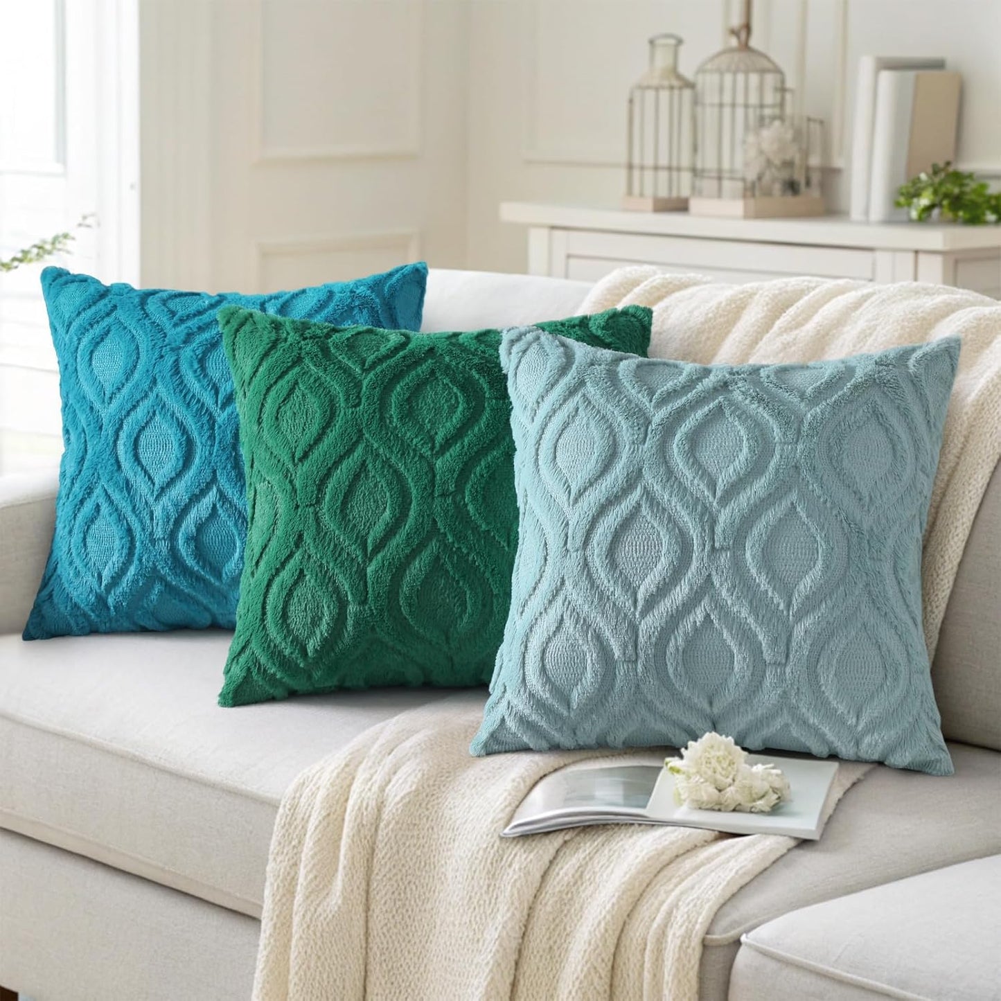 decorUhome Fall Throw Pillow Covers 26x26 Inch Set of 2, Soft Plush Decorative Faux Fur Teal Solid Couch Pillow Covers, Accent Farmhouse Neutral Square Euro Pillow Cases for Sofa Bed Living Room