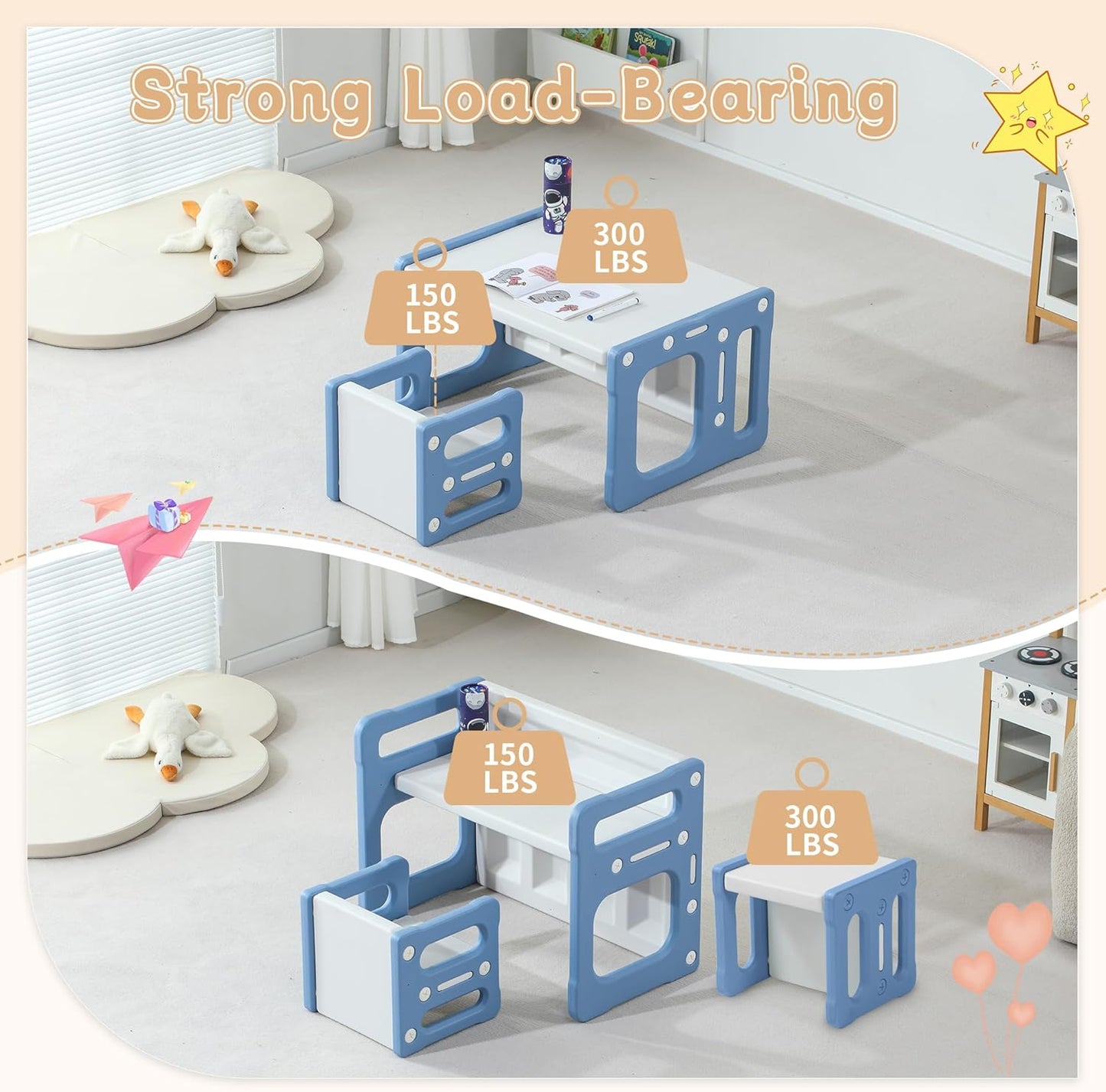 3 in 1 Montessori Weaning Table and 2 Chairs Set, Kids Activity Table Set, 2 Height Levels, Toddlers Activity Table for Drawing, Dining, Reading and Playing, Blue