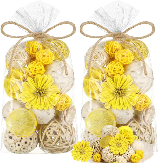 Riceshoot 2 Pack Decorative Balls Potpourri Bowl Filler Decor Natural Vase Bowl Filler Assorted Spherical Rattan Twigs Wicker Balls Cotton for Home Centerpiece(Lemon Yellow)