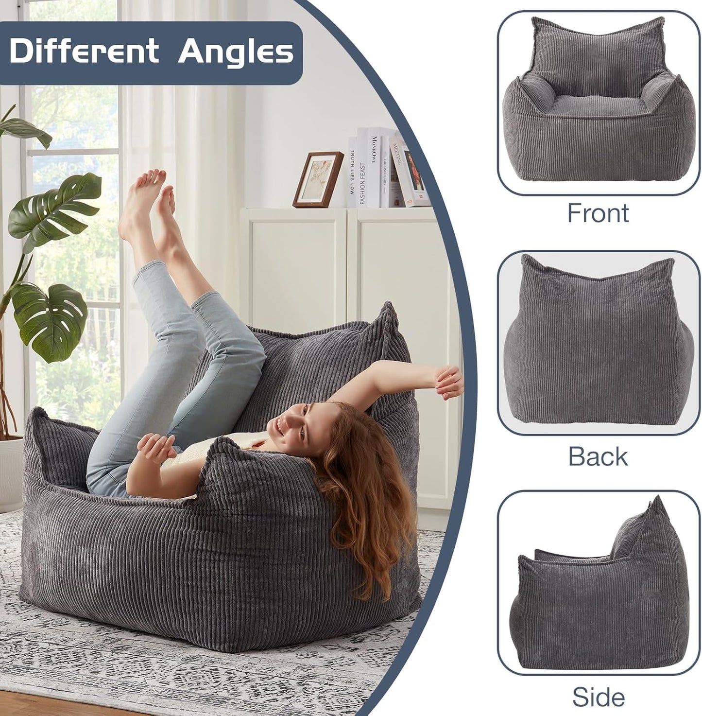 Giant Bean Bag Chair Sofa for Adults Teens, Comfy Corduroy Large Bean Bag Chairs with Armrests for Bedroom Living Room, Adult BeanBag Lazy Sofa Couch Chairs with Filler Included