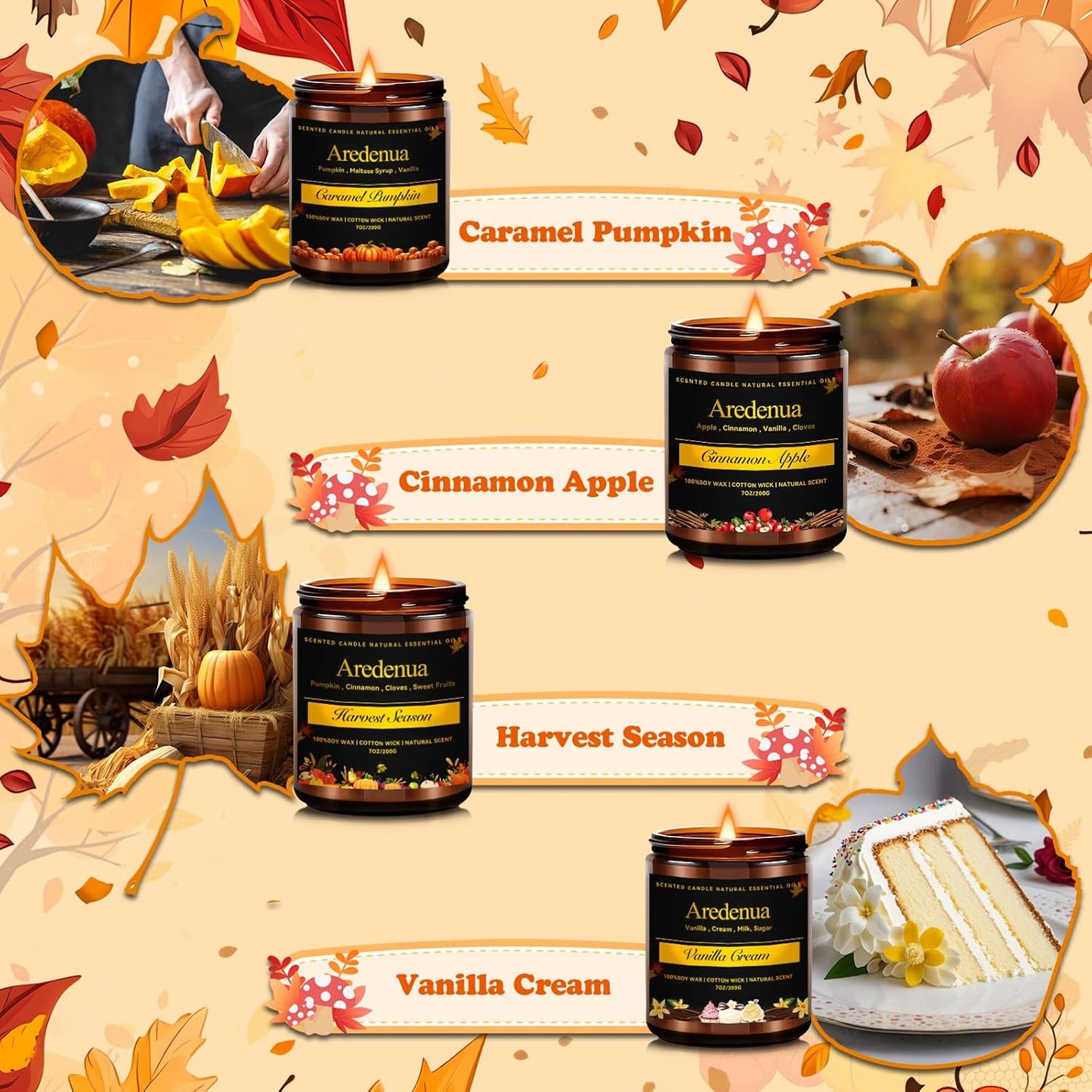 Fall Candles Set | 4 Pack Autumn Scented Candles - Fall Candle Gifts for Women Men, Soy Candles for Home Scented - Autumn Scent of - Pumpkin/Cinnamon Apple/Harvest/Vanilla Cream