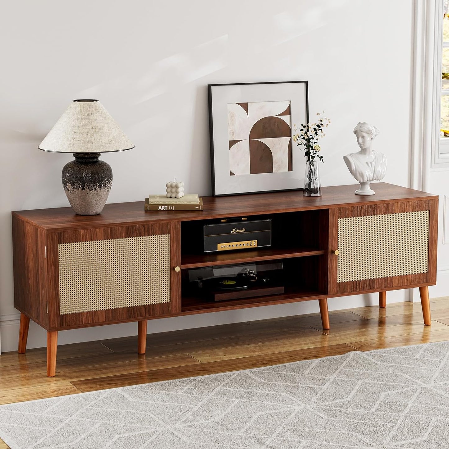 TV Stand for TVs up to 65'', Entertainment Center With Rattan Door, Shelves & 2 Cabinets, Long Boho Media Console for Living Room, Walnut
