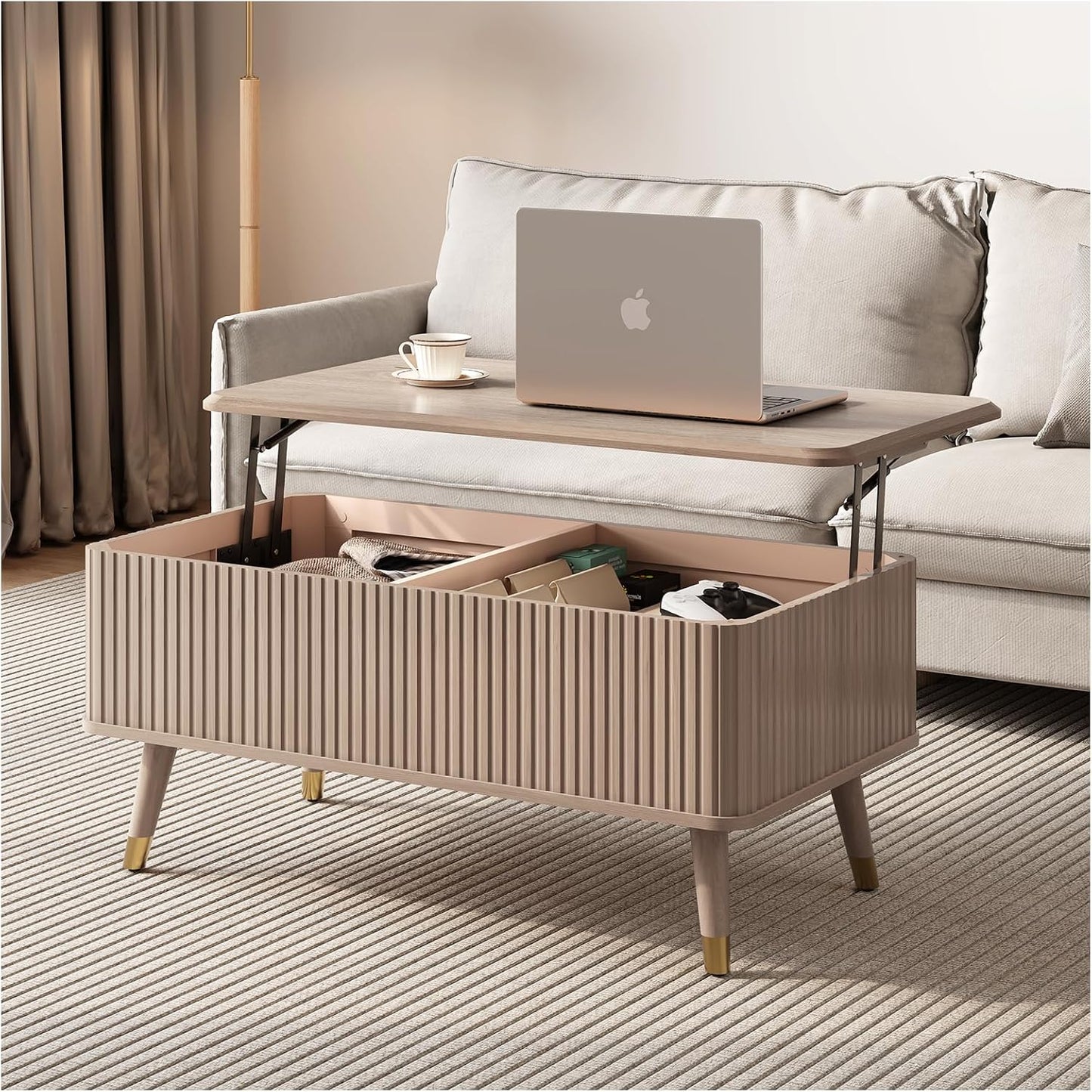 Lift Top Coffee Table with Storage Shelf & Hidden Compartment, Mid Century Modern Fluted Rectangle Dining Table for Living Room, Home Office, Natural Oak
