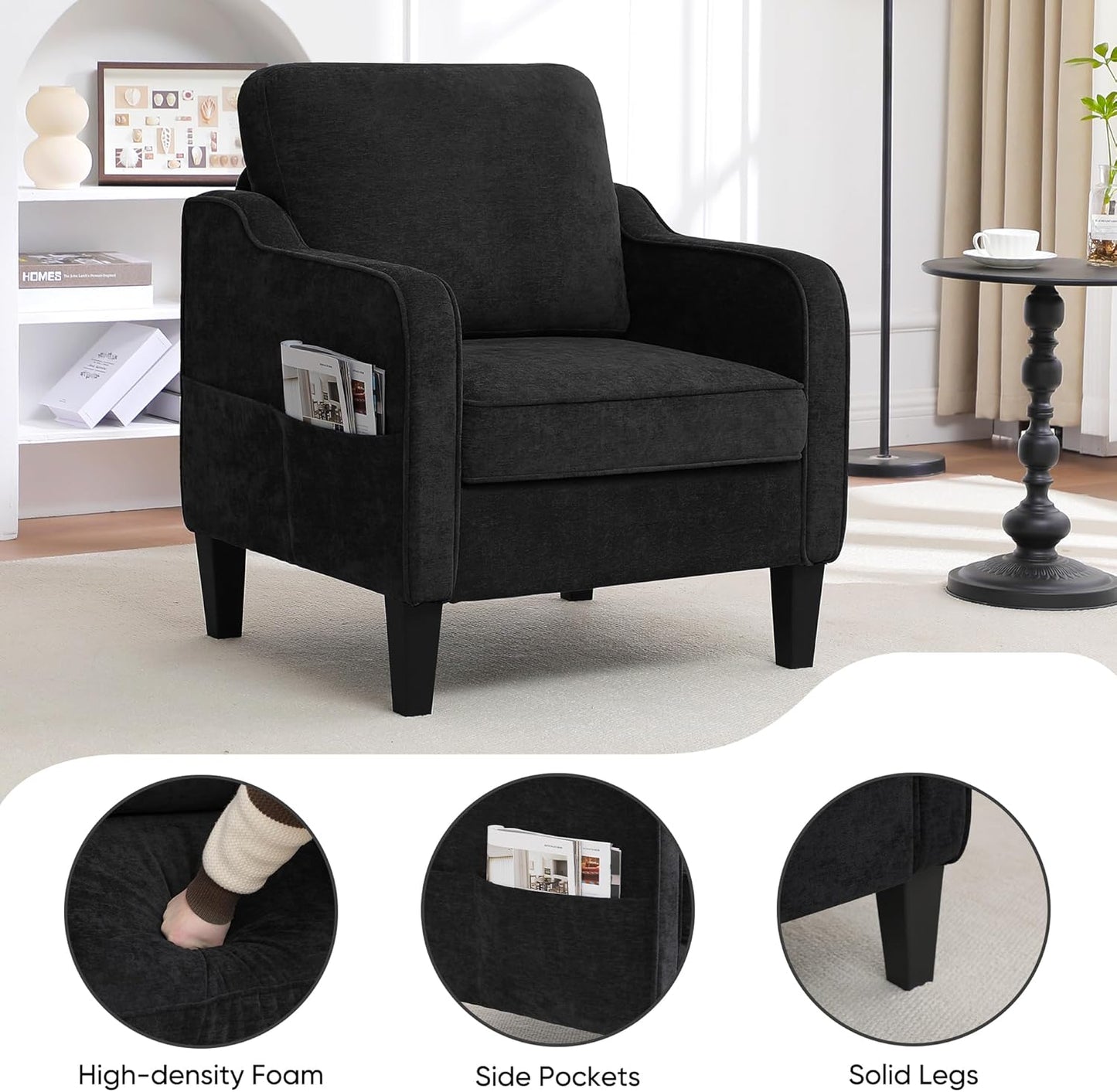 Accent Chairs Set of 2, Upholstered Living Room Chairs with Side Pockets, Mid Century Modern Reading Chair for Bedroom, Comfy Armchair Single Sofa Side Chair for Office, Small Room, Black