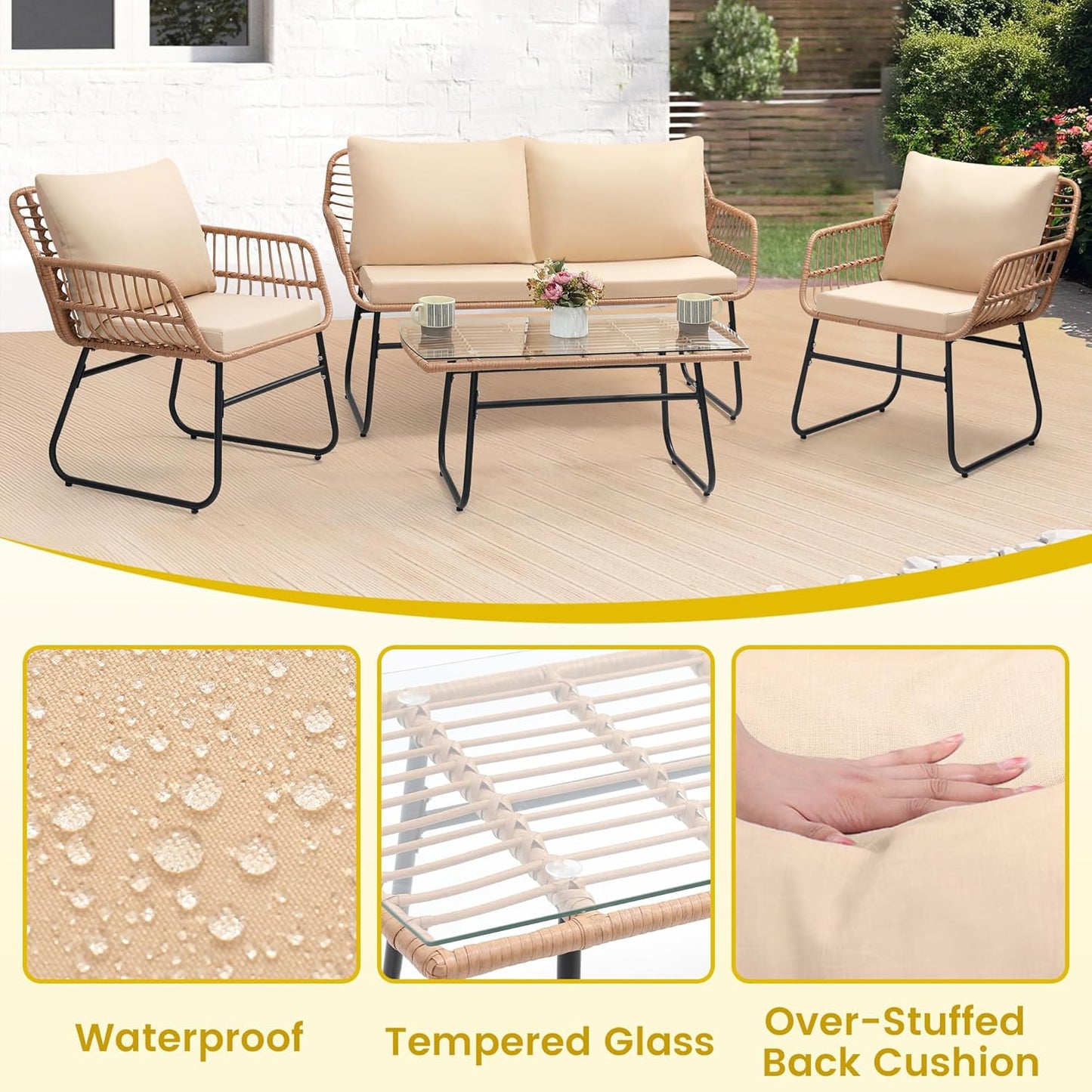 Kromax 4 Piece Patio Bistro Outdoor Furniture Set, Wicker Sofa, 2 Rattan Chairs, and Table, Backyard Conversation Set, All Weather Cushions, Natural Rattan Beige Cushion