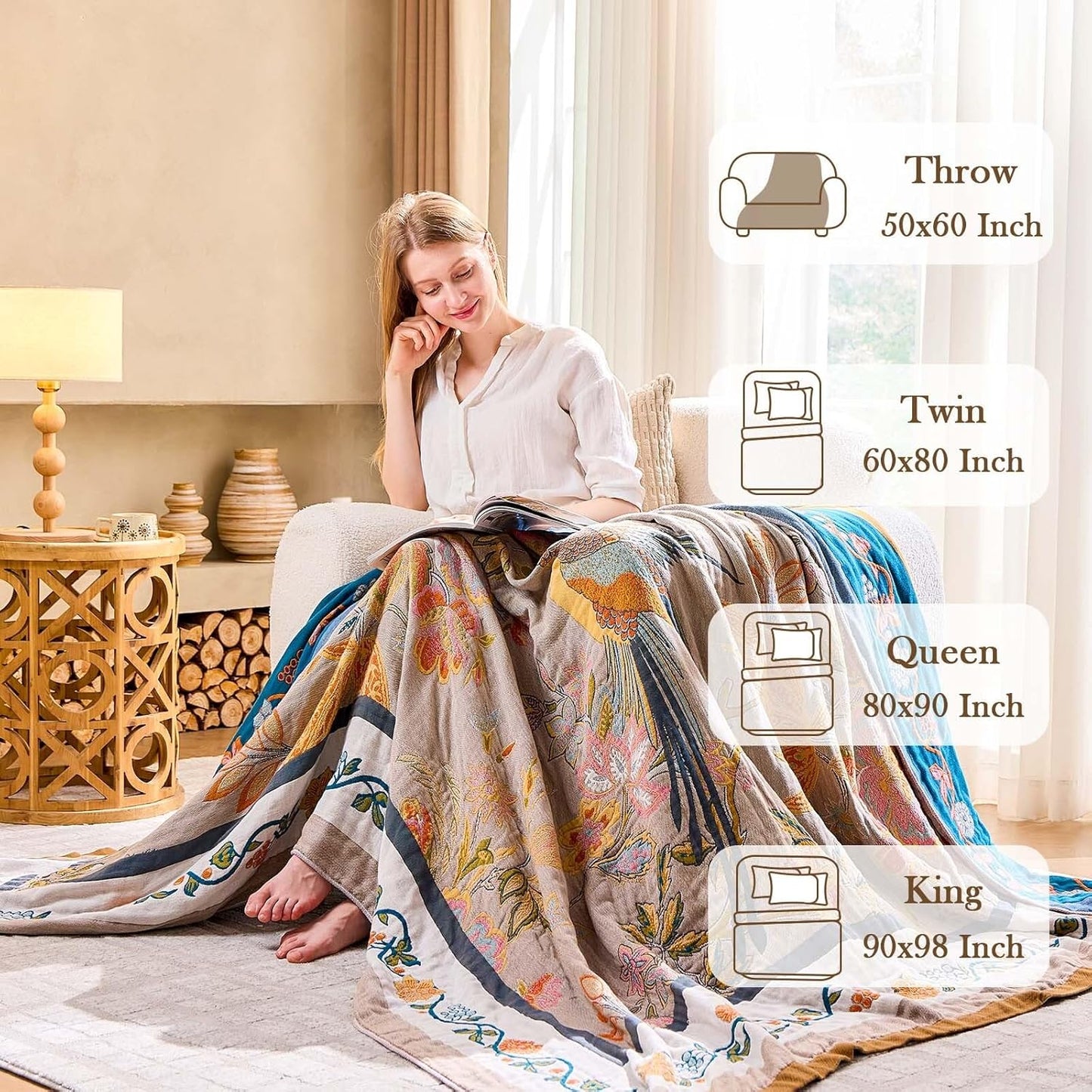 Boho Blanket, 100% Cotton Farmhouse Decorative Throw Blanket, 60"x80" Reversible Bohemian Throw Blanket, Brown All Season Muslin Breathable Woven Blankets Quilt