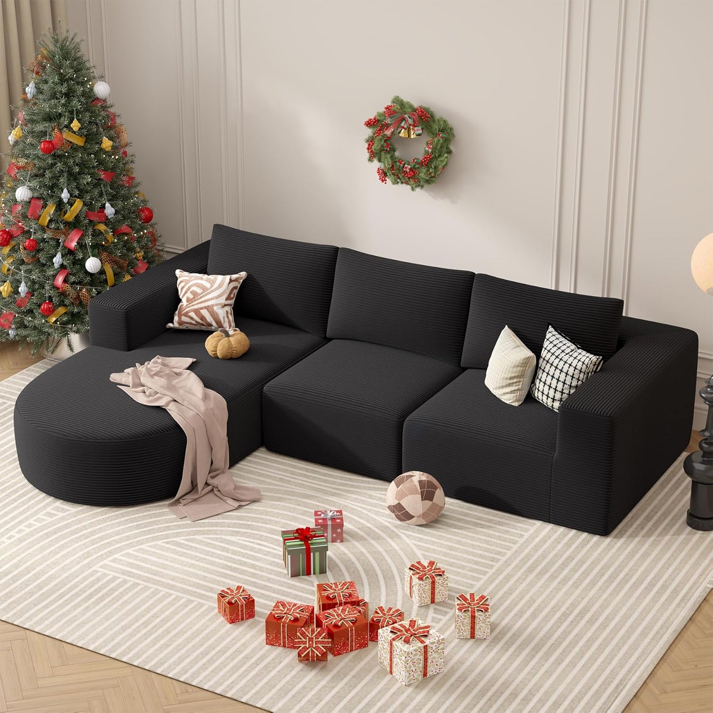 Modular Sectional Sofa with L-Shape Chaise,Cloud Sectional Modern Sleeper Couch with Deep Seat,Sponge Compression Sofas No Assembly Required (Black-Corduroy Fabric) 1PCS