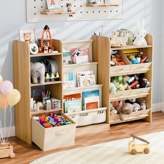 Kids Toy Book Storage Organizer - Large Bookshelf with 7 Removable Bins, Baby Bookshelf and Toy Storage, 4-Tier Book Shelf for Kids Room, Playroom, Classroom, 51 inch, Burlywood