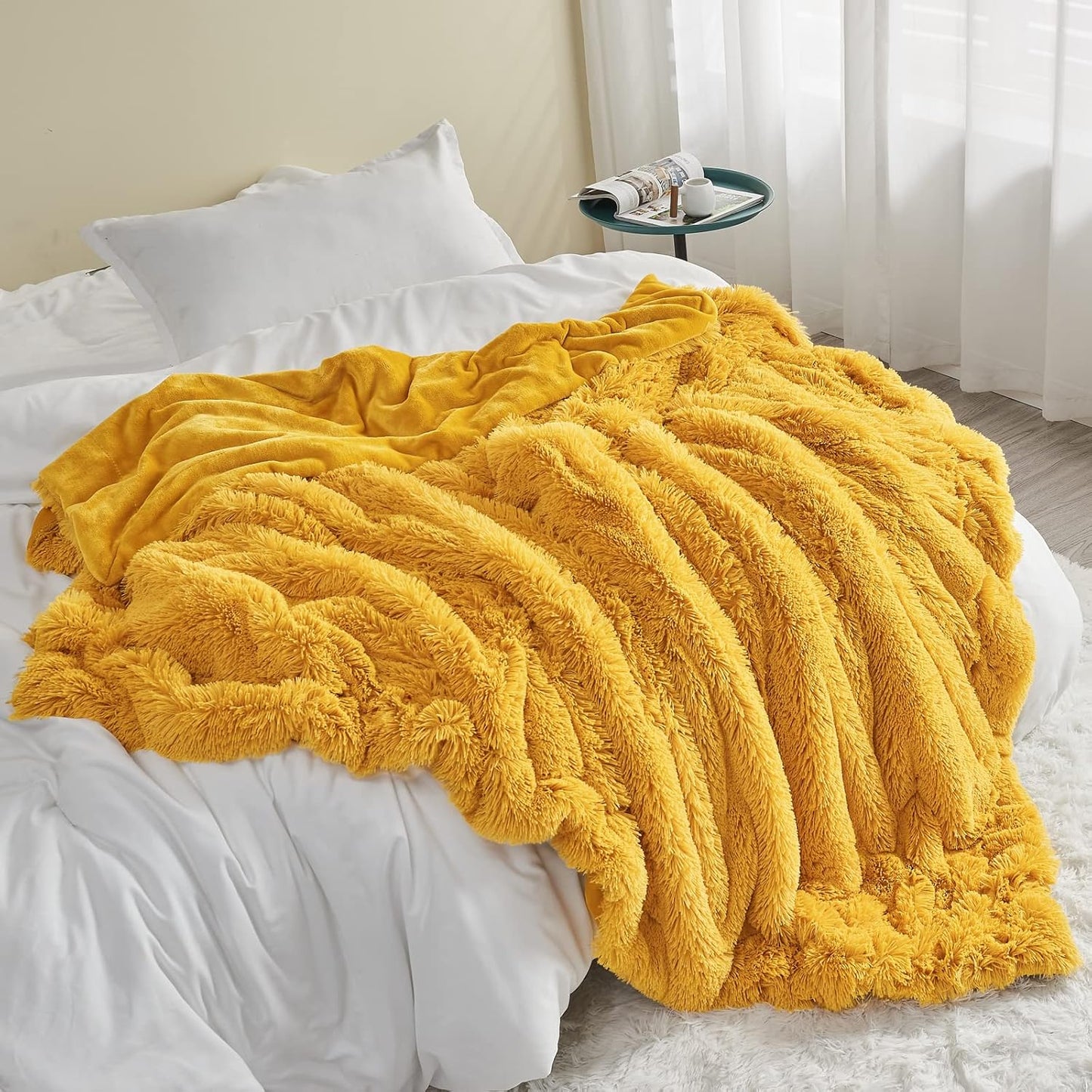 GONAAP Fuzzy Faux Fur Throw Blanket Twin Size Mustard Yellow Super Soft Cozy Plush Fuzzy Shaggy Blanket for Couch Sofa Bed (Mustard Yellow, Twin(60"x80"))