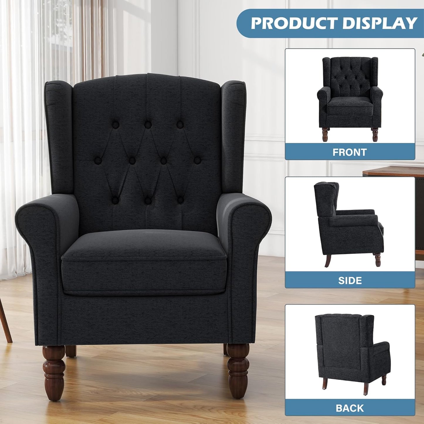 UIXE High Back Accent Chairs Set of 2, Upholstered Armchair in Fabric, Retro Wingback Arm Chair for Living Room, Comfy Single Sofa Bedroom Reading Seat with Solid Wood Legs - Black Blue