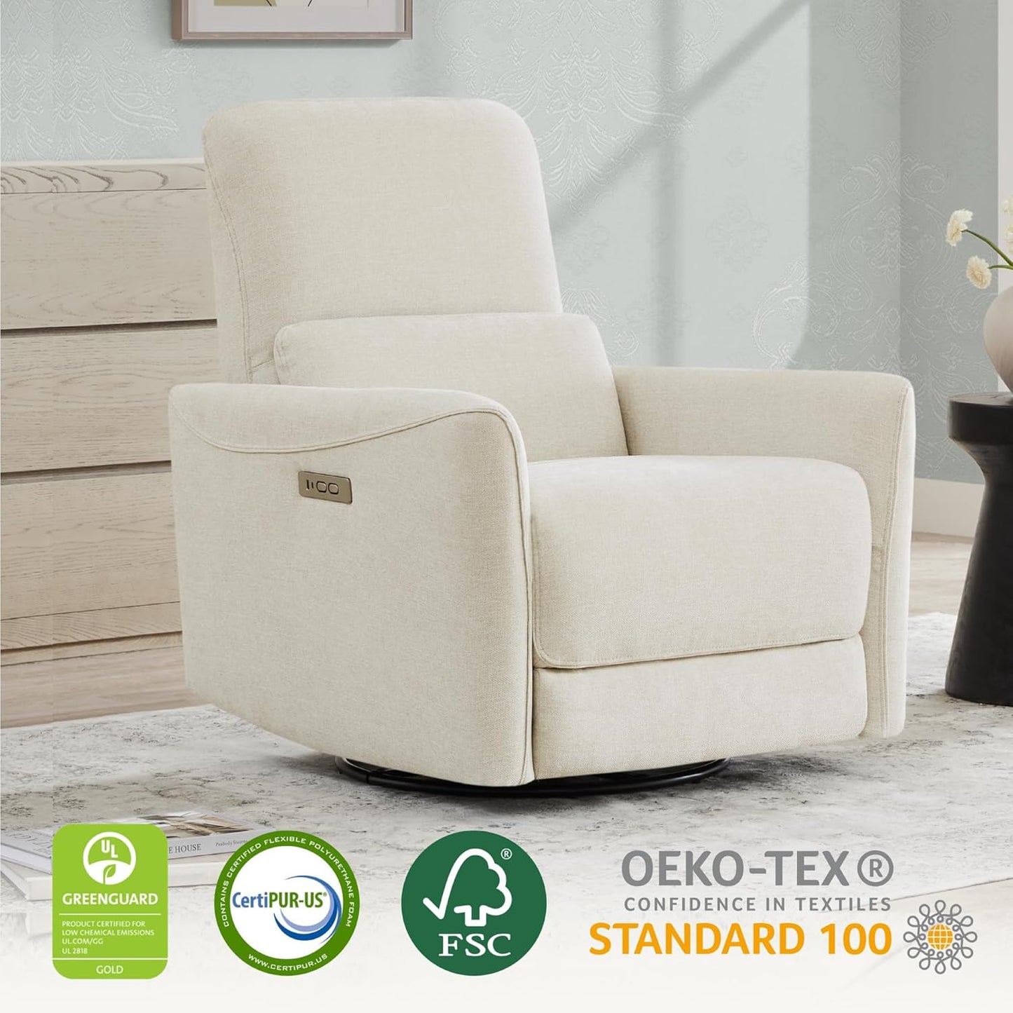 CHITA Power Recliner Chair Swivel Glider, FSC Certified Upholstered Living Room Nursery Reclining Sofa Chair with Lumbar Support, Linen