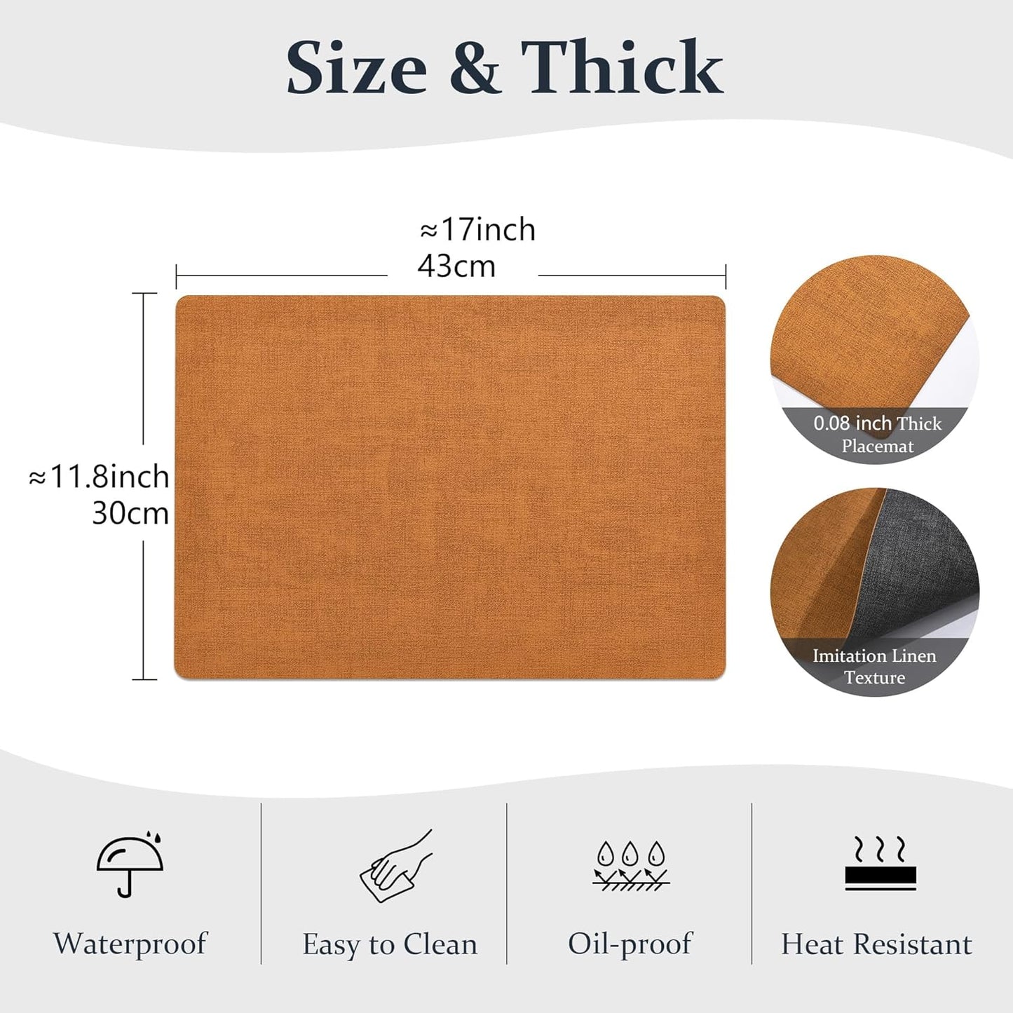 FROMHEART Faux Leather Placemats Set of 6–Waterproof,Heat/Oil Stain-Resistant PU Table Mat–Reversible,Non-Slip,Easy to Clean Place Mats for Kitchen,Dining,Indoor/Outdoor,(Orange-Grey,11.8" x 17")