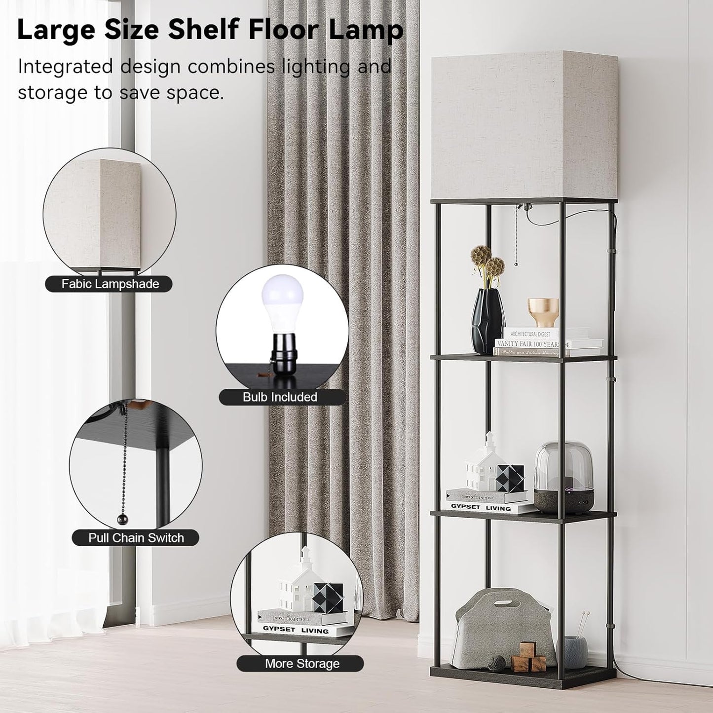 SUNMORY Large Size Floor Lamp with Shelves, 4-Tier Modern Standing Lamp with 3 Color Temperature Bulb, Tall Floor Lamp with Shelf, Corner Display Bookshelf Lamps for Living Room, Bedroom, Office