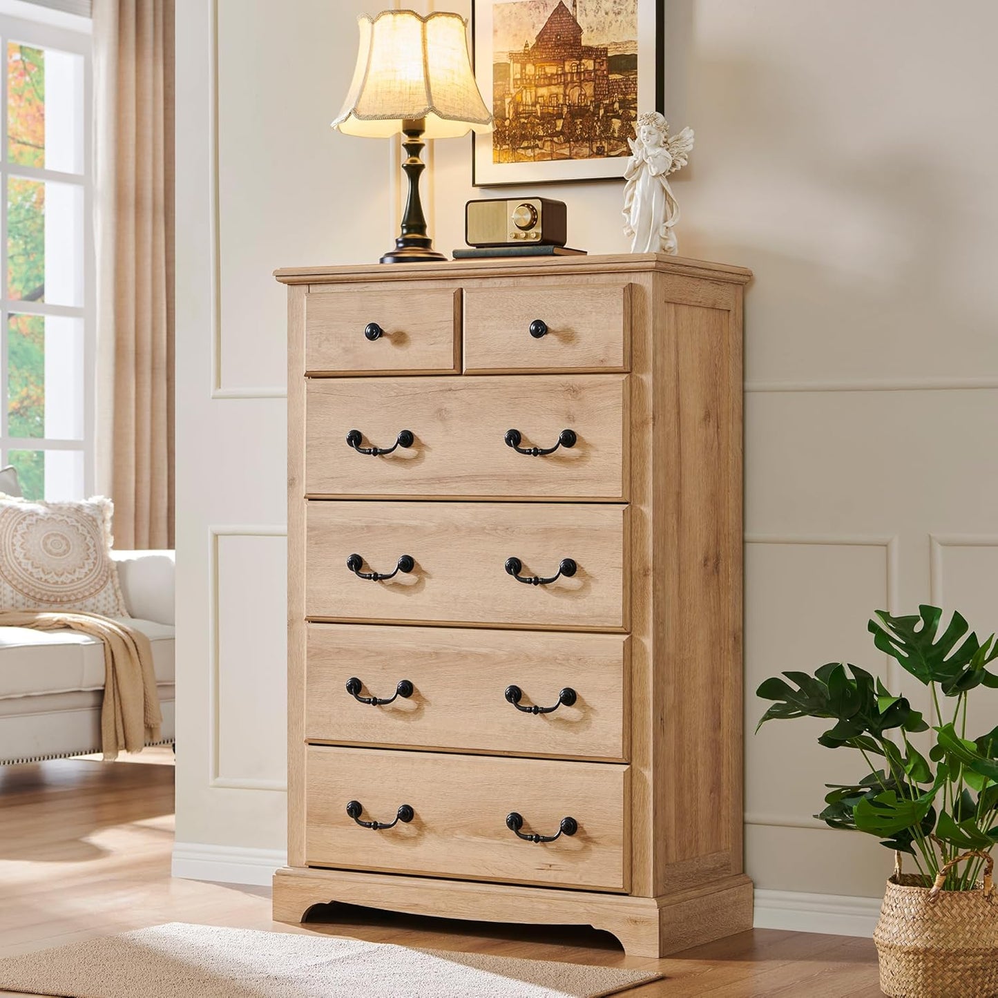T4TREAM 6 Drawers Dresser Chests for Bedroom, 48" Tall Rustic Chset of Drawers, Wood Dressers Organizer for Bedroom, Living Room,Hallway, Natural Oak