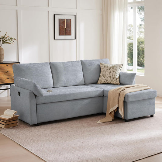 Waxberry Sectional Sofa Couch, Pull Out Couch Sleeper Sofa Bed with Storage for Living Room, Reversible Chaise, Side Pockets & Dual USB/Type-C Ports, Includes 1 Blanket, Grey