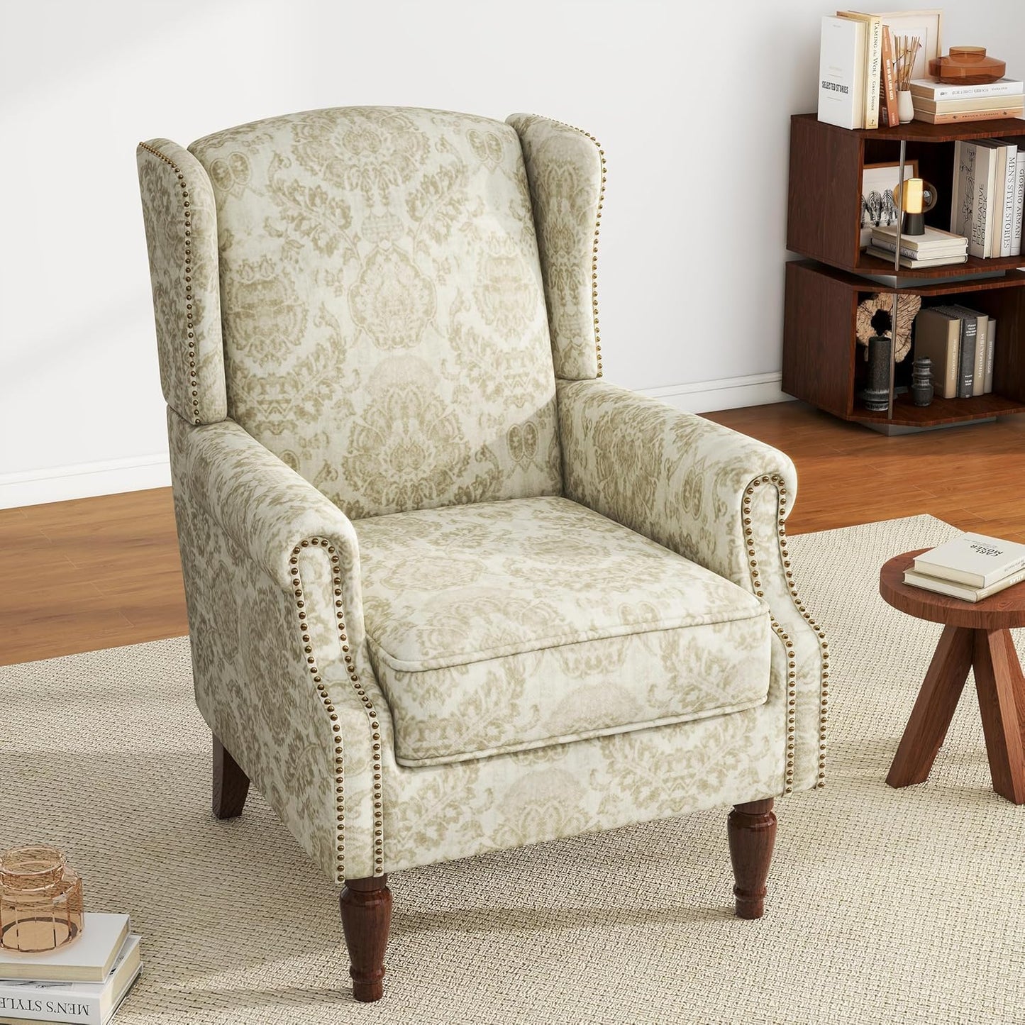 UIXE High Back Floral Accent Chair, Upholstered Armchair in Fabric for Living Room, Retro Wingback Arm Chair Comfy Single Sofa Bedroom Reading Seat with Solid Wood Legs, White