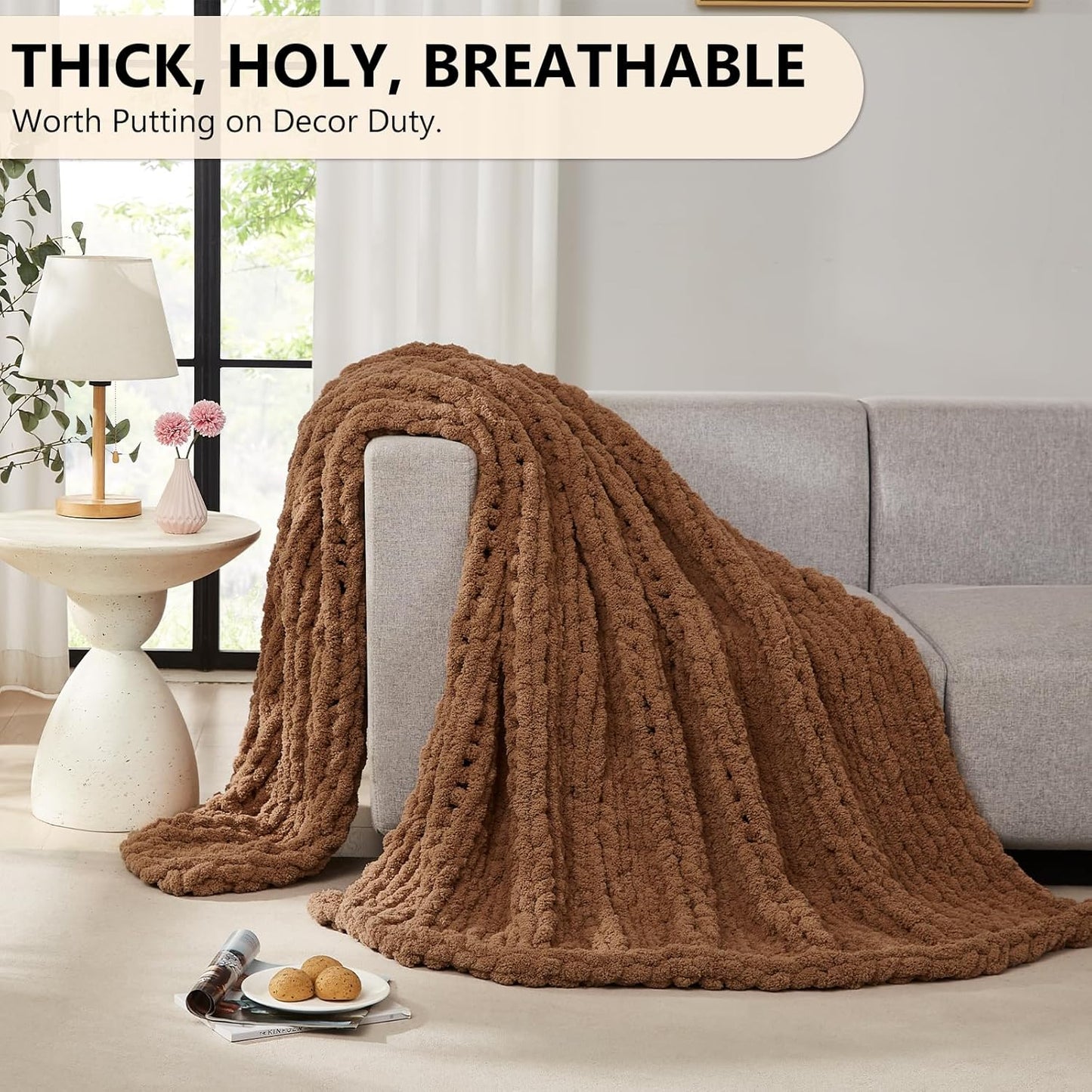 L'AGRATY Chunky Knit Blanket Throw - Soft Chenille Yarn Throw Blanket 40x50： Handmade Thick Cable Knit Crochet Blanke - Large Knit Blanket Chunky Rope Knot Throw Blanket for Couch Sofa Bed Home Decor