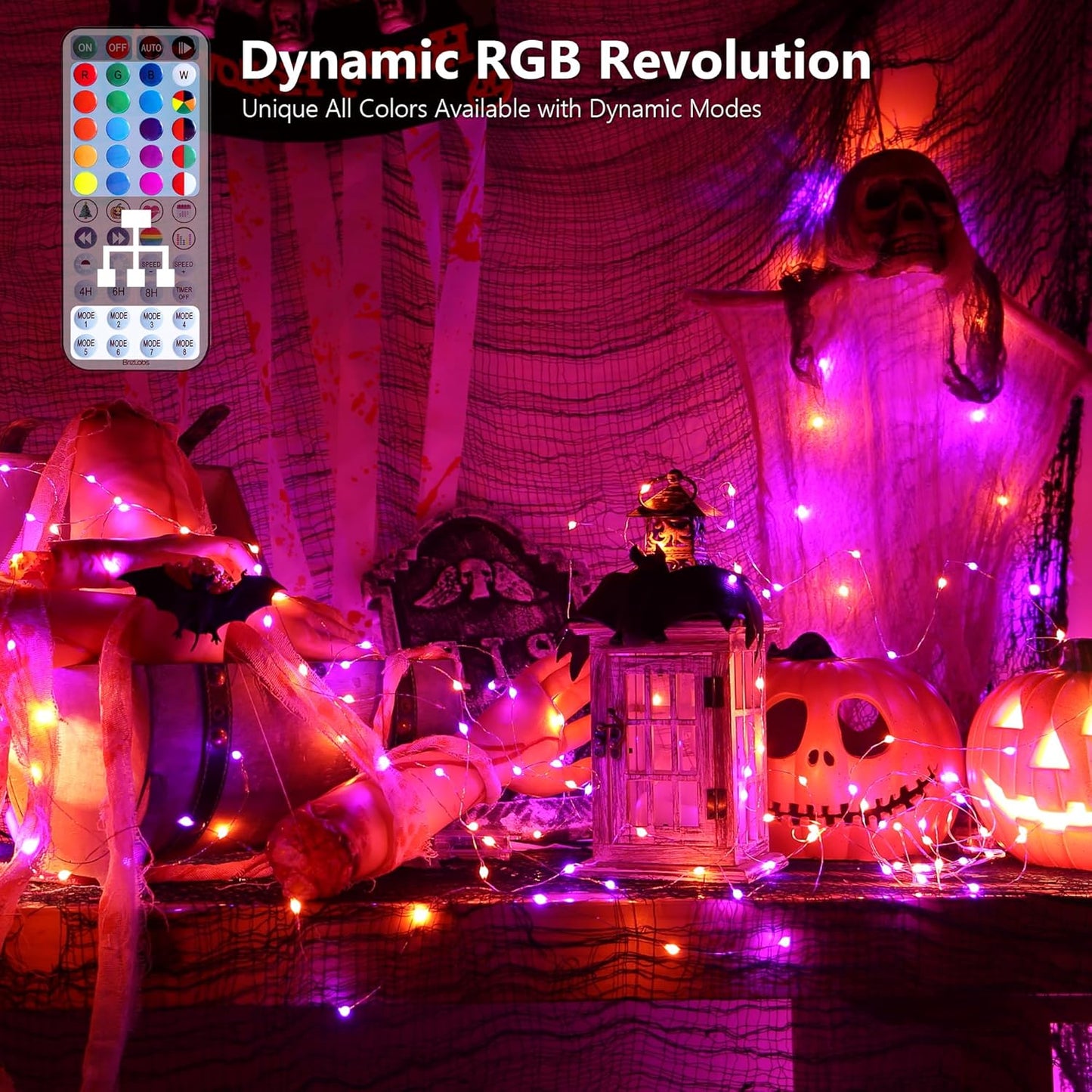 BrizLabs Fairy String Lights - 2 Pack 66ft 200 LED Color Changing Christmas Fairy Lights with Remote, Plug-in Orange Halloween Twinkle Light Rainbow Firefly Starry Light for Xmas Halloween Bedroom