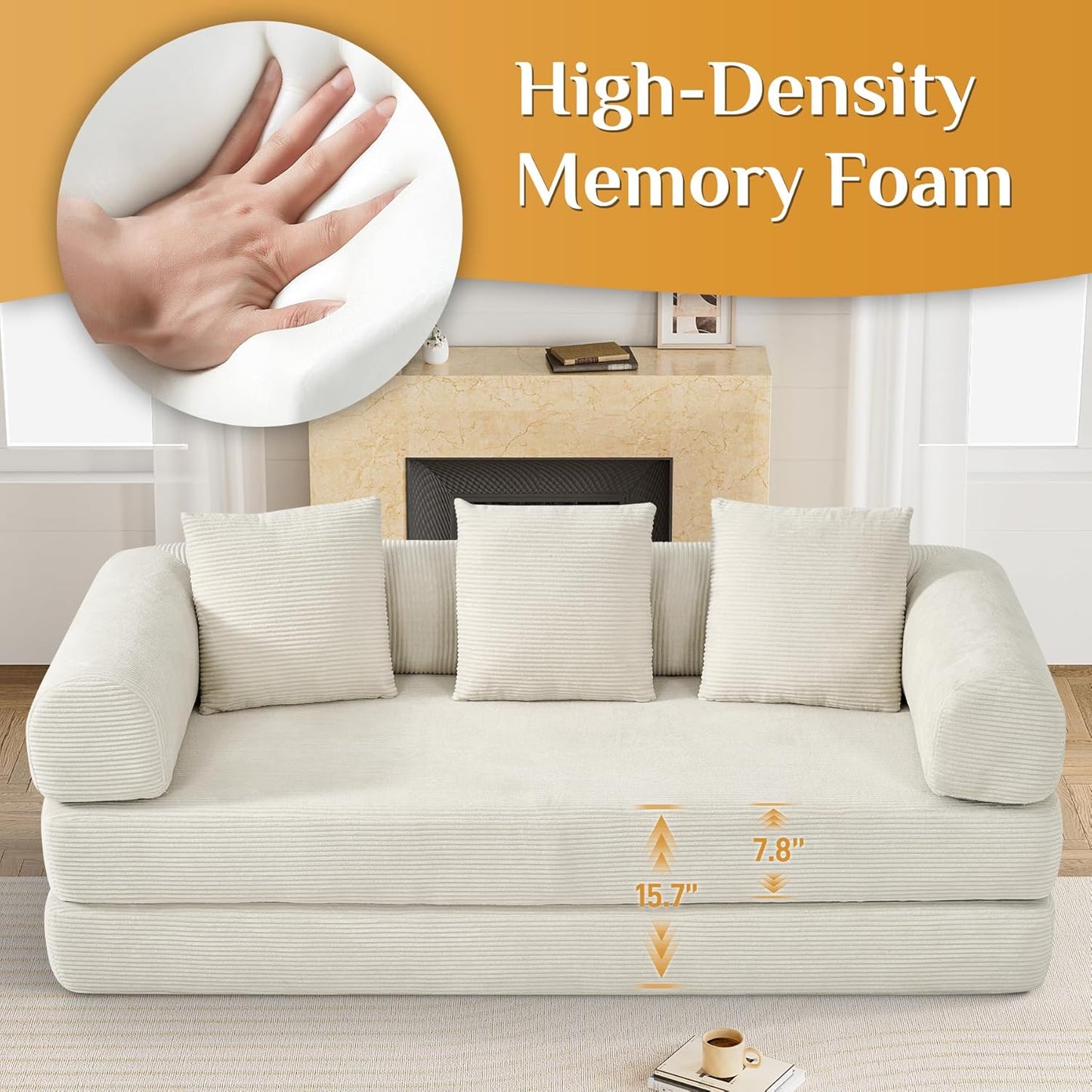 Convertible Sleeper Sofa Bed with Pillow, 4-in-1 Corduroy Folding Mattress Couch with Fixed-Shape Frame, Fold Out Floor Sofa Cama Lounge Couch for Living Room Bedroom Studio, Beige White