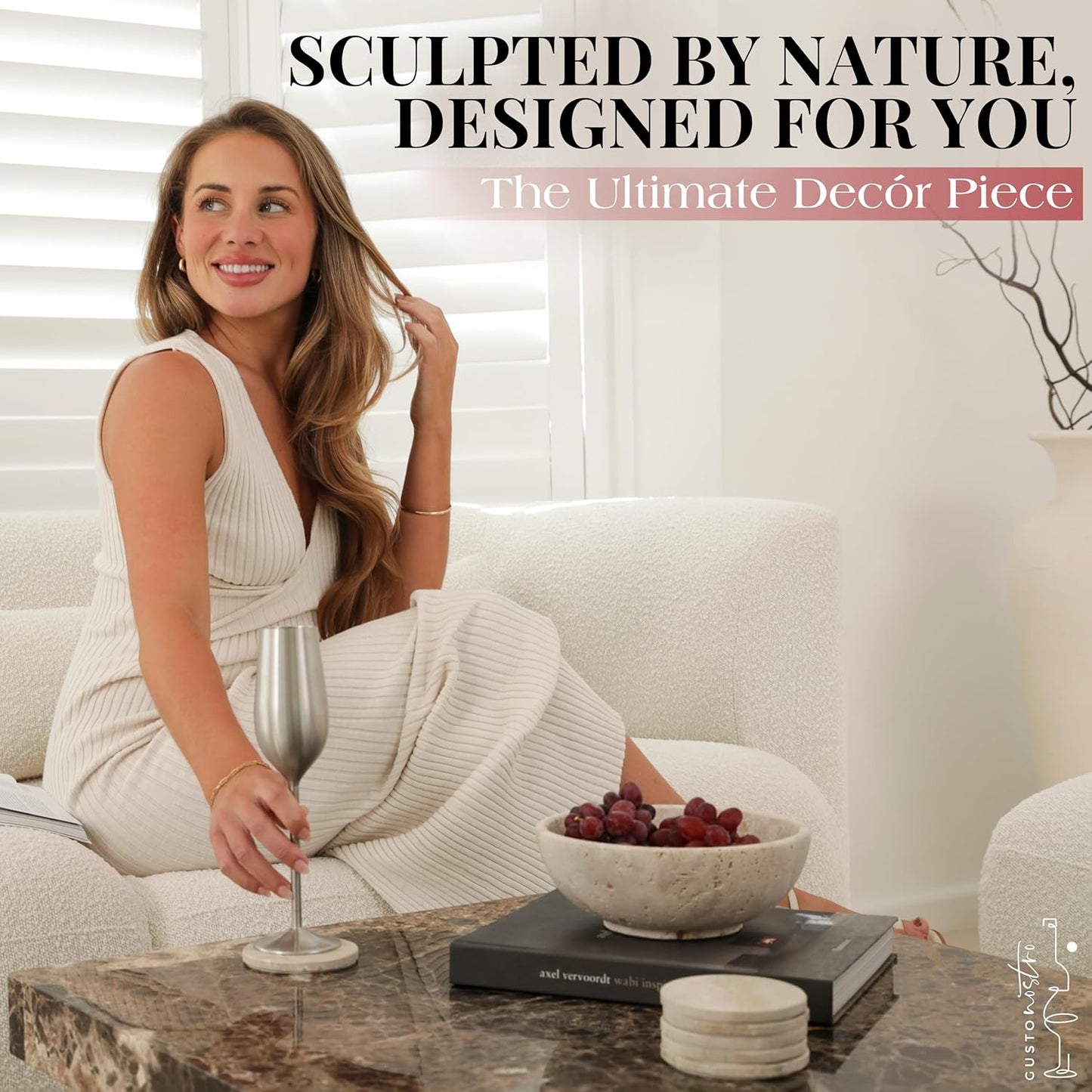 Gusto Nostro 8" Decorative Travertine Bowl for Coffee Table - Elegant Centerpiece, Aesthetic Fruit Bowl for Kitchen Counter - Heavy Stone Entryway Catch all, Jewelry, Potpourri - Travertine Decor