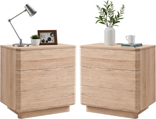 JXQTLINGMU 22" Modern Nightstand Set of 2 with Charging Station, Large Push-to-Open End Table, Wood Bedside Table, Curved Profile, Handleless 3 Drawer Night Stand for Bedroom, Living Room, Natural Oak