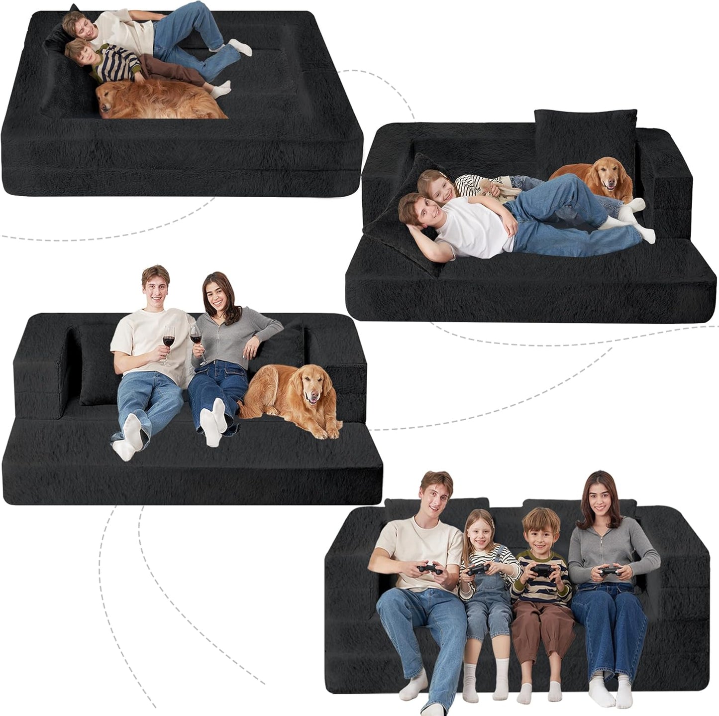 Folding Bean Bag Chair for Adults,3-in-1 Bean Bag Couch Faux Fur Floor Sofa Large Beanbag Convertible Bean Bag Sofa Bed with Pillow in Bedroom,Living Room,Apartment(Queen,Black)
