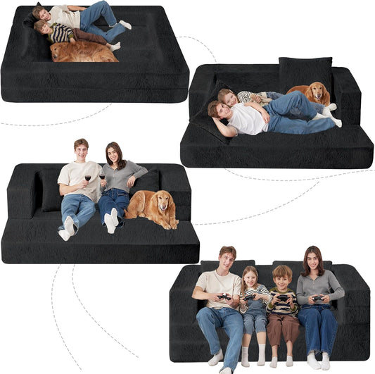 Folding Bean Bag Chair for Adults,3-in-1 Bean Bag Couch Faux Fur Floor Sofa Large Beanbag Convertible Bean Bag Sofa Bed with Pillow in Bedroom,Living Room,Apartment(Queen,Black)