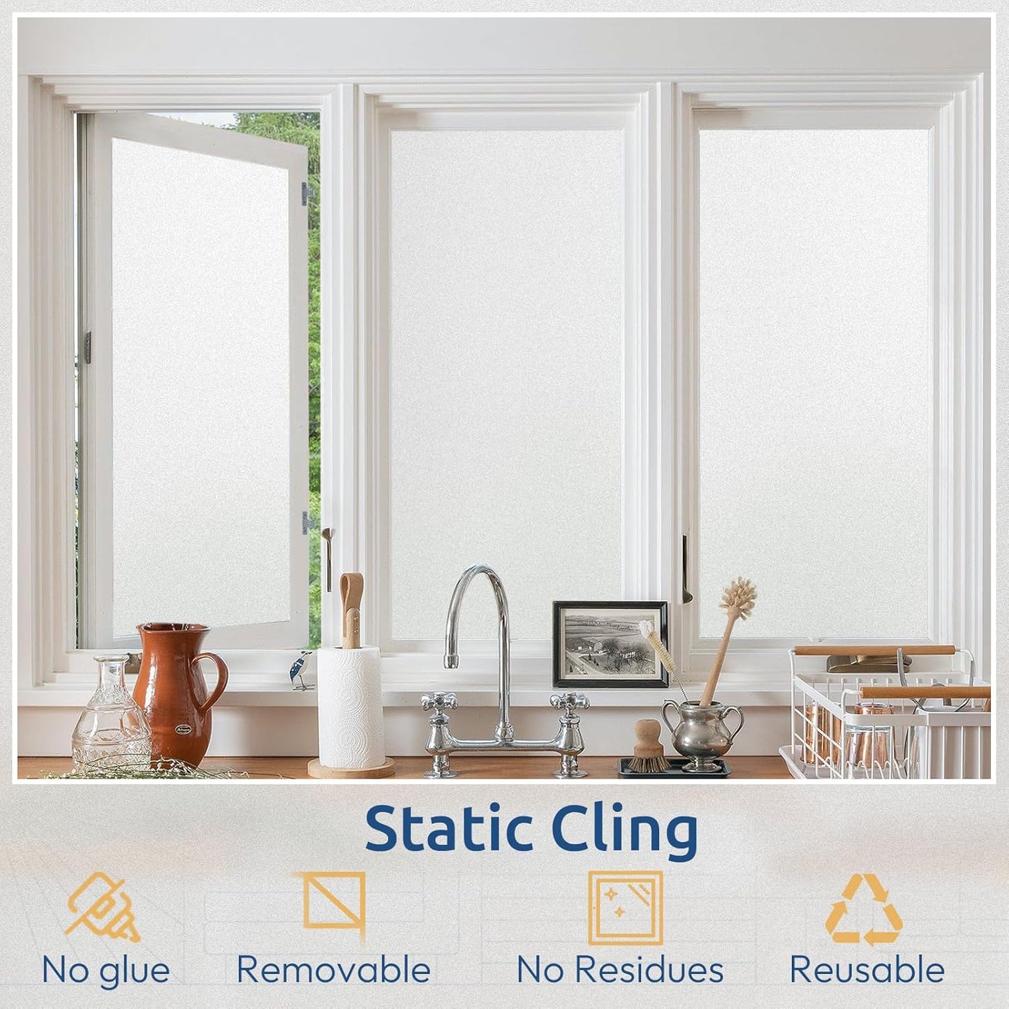 rabbitgoo Window Privacy Film, Non-Adhesive Frosted Glass Window Film for Bathroom, Static Cling Heat Blocking Stickers for Home Indoor Opaque Frosting Coverings House Tint, Matte White 17.5" x 78.7"