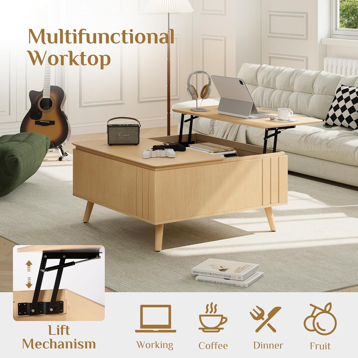 Lift Top Coffee Table with Storage,36" Large Square Coffee Tables for Living Room,Mid Century Modern Center Table for Home Office, Oak