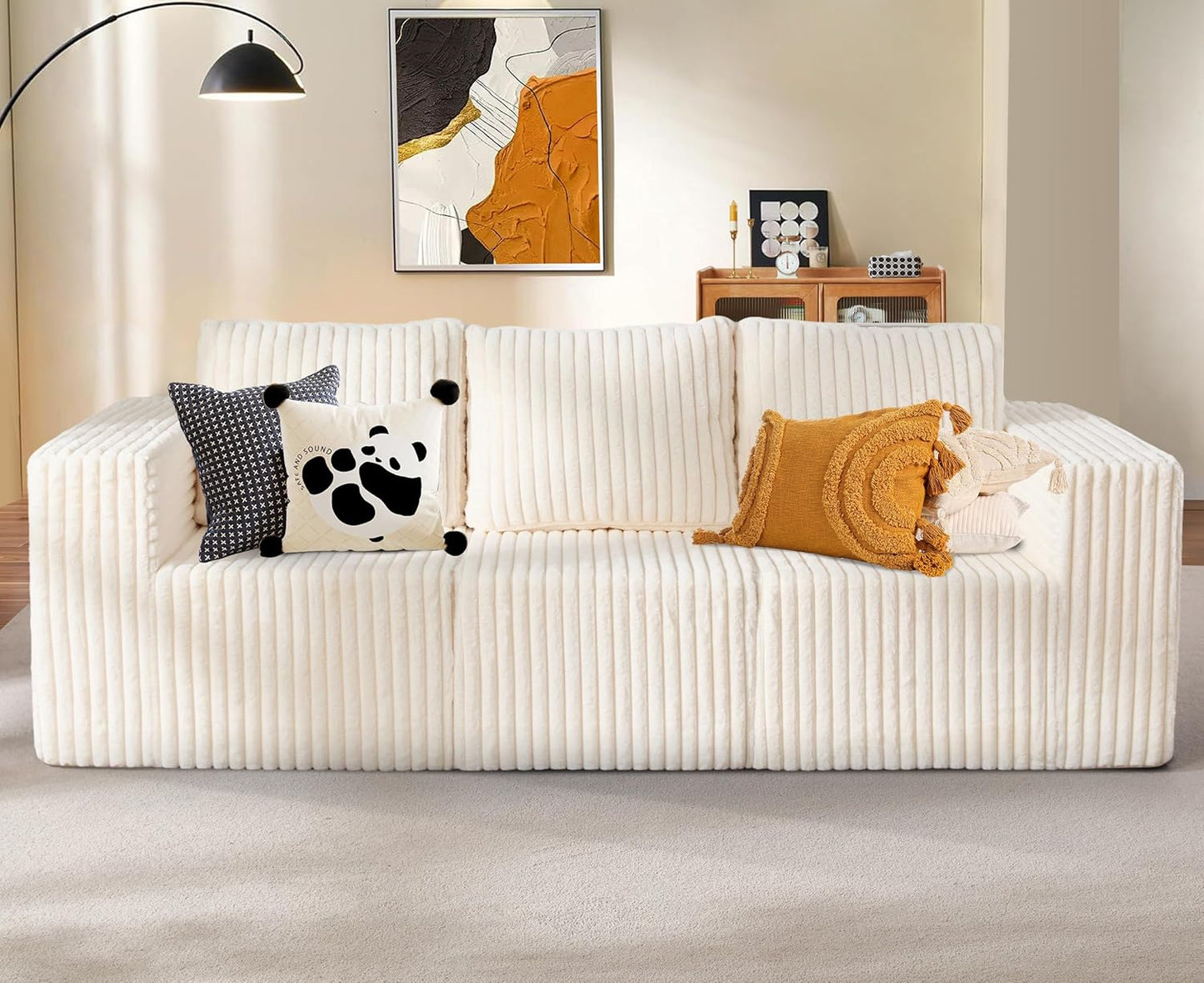 Modular Sectional Sofa 3-Seater Modular Couch with Deep Seat Memory Foam Cloud Chair with Pillows Oversized Sectional Sofa for Living Room Bedroom (Strip White, 3-Seater)