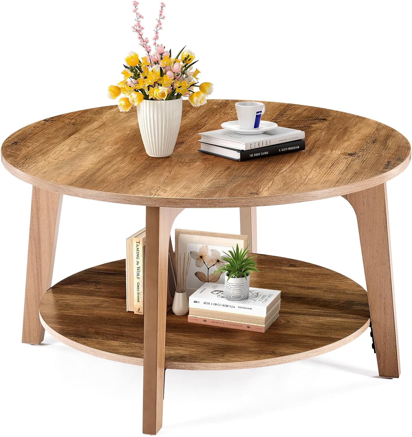 Sweetcrispy Round Coffee Table, 36'' Wood Coffee Tables for Living Room with Storage, 2-Tier Center Circle Counter with Wooded Desktop, 50 lbs Capacity, Anti-Slip Feet, Modern Farmhouse Design, Brown