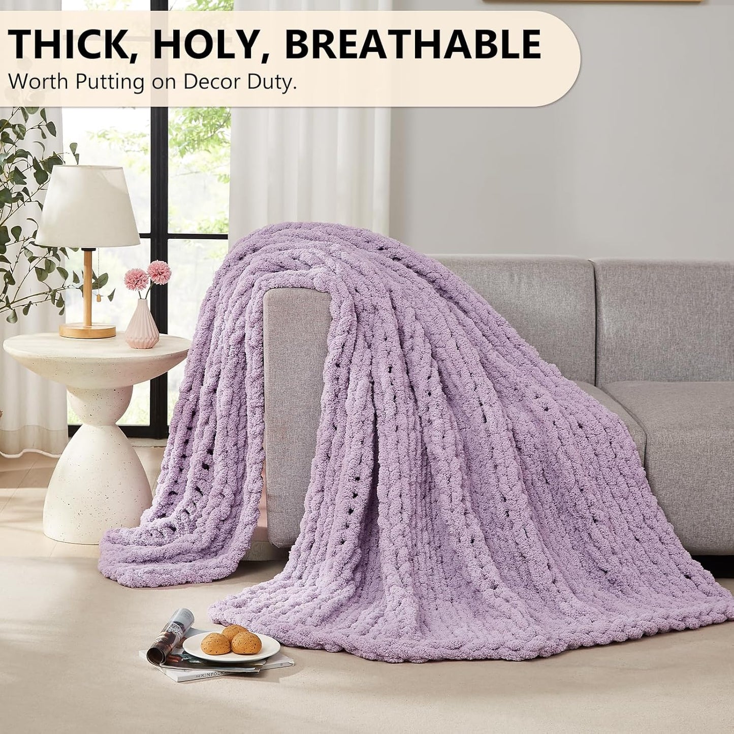 L'AGRATY Chunky Knit Blanket Throw - Soft Chenille Yarn Throw Blanket 30x40：Handmade Thick Cable Knit Crochet Blanket - Large Knit Blanket Chunky Rope Knot Throw Blanket for Couch Sofa Bed Home Decor