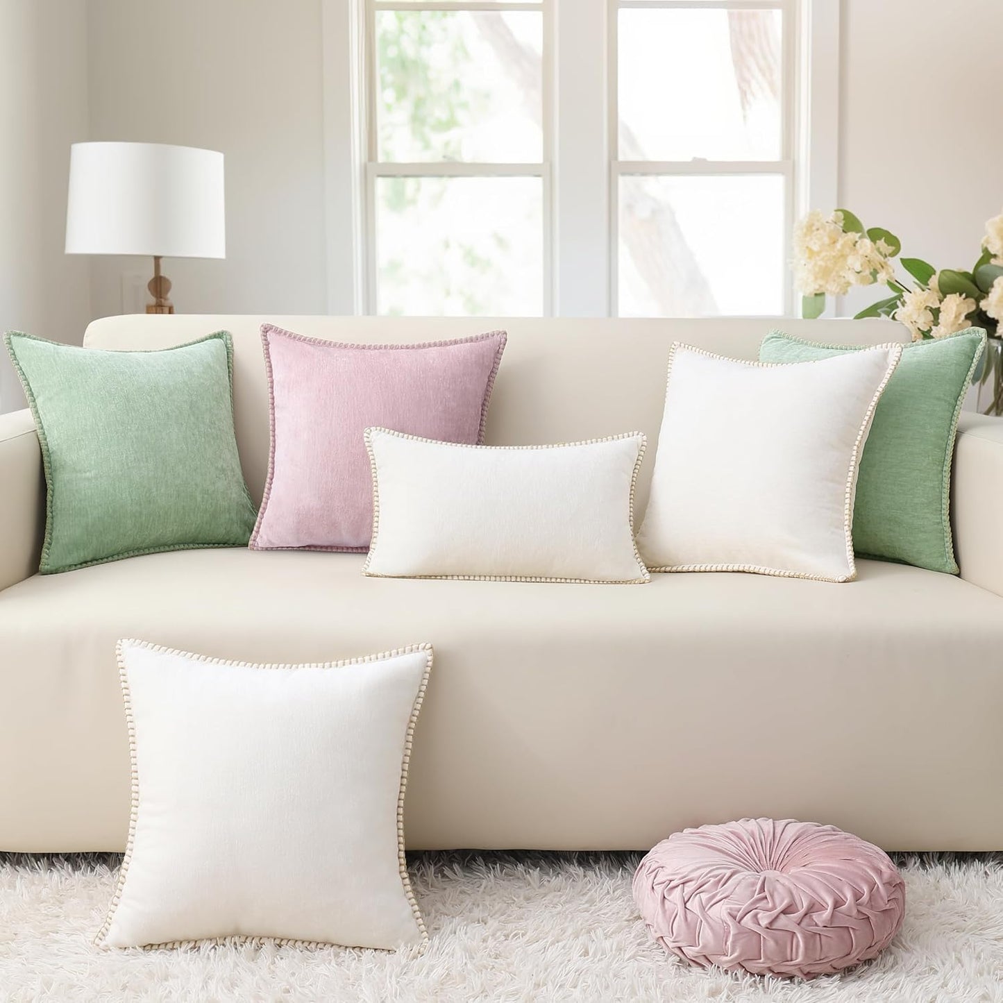 decorUhome Chenille Soft Throw Pillow Covers 24x24 Set of 2, Farmhouse Velvet Neutral Decorative Euro Pillow Covers with Stitched Edge for Couch Sofa Bed Home Decor, Cream White