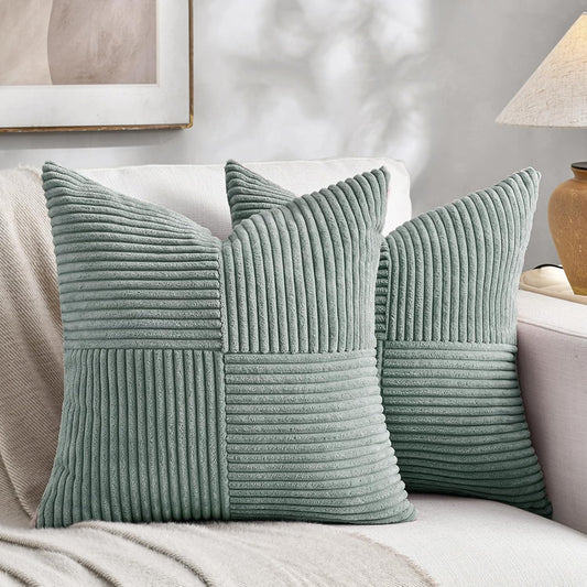 Fancy Homi 2 Packs Grey Blue Decorative Throw Pillow Covers 20x20 Inch for Couch Bed Sofa, Rustic Farmhouse Boho Home Decor, Soft Corss Corduroy Patchwork Accent Square Cushion Case 50x50 cm