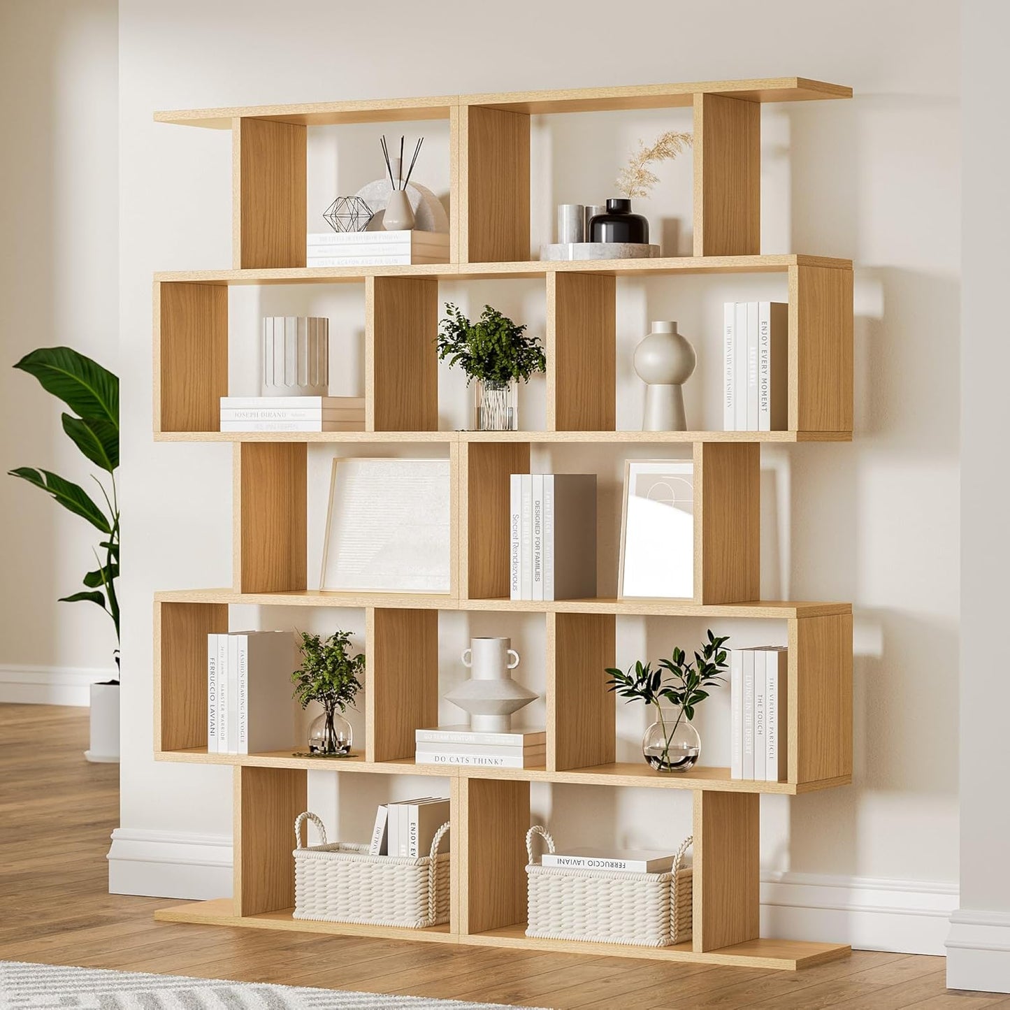 Oak 5-Tier Geometric Bookcase, S-Shaped Modern Bookshelf Set of 2, 62.6" Tall Room Divider Book Shelf, Decorative Display Shelf